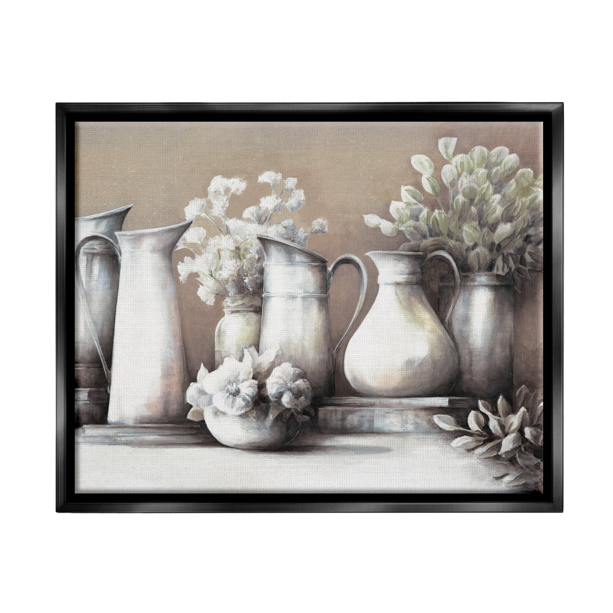 Stupell Industries Classic Flower Arrangement Country Water Jug Painting Painting Jet Black Floating Framed Canvas Print Wall Art, Design by White Ladder