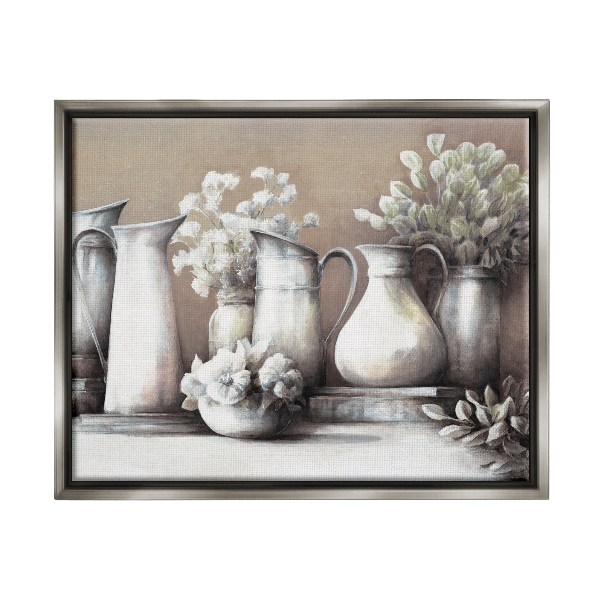 Stupell Industries Classic Flower Arrangement Country Water Jug Painting Painting Luster Gray Floating Framed Canvas Print Wall Art, Design by White Ladder