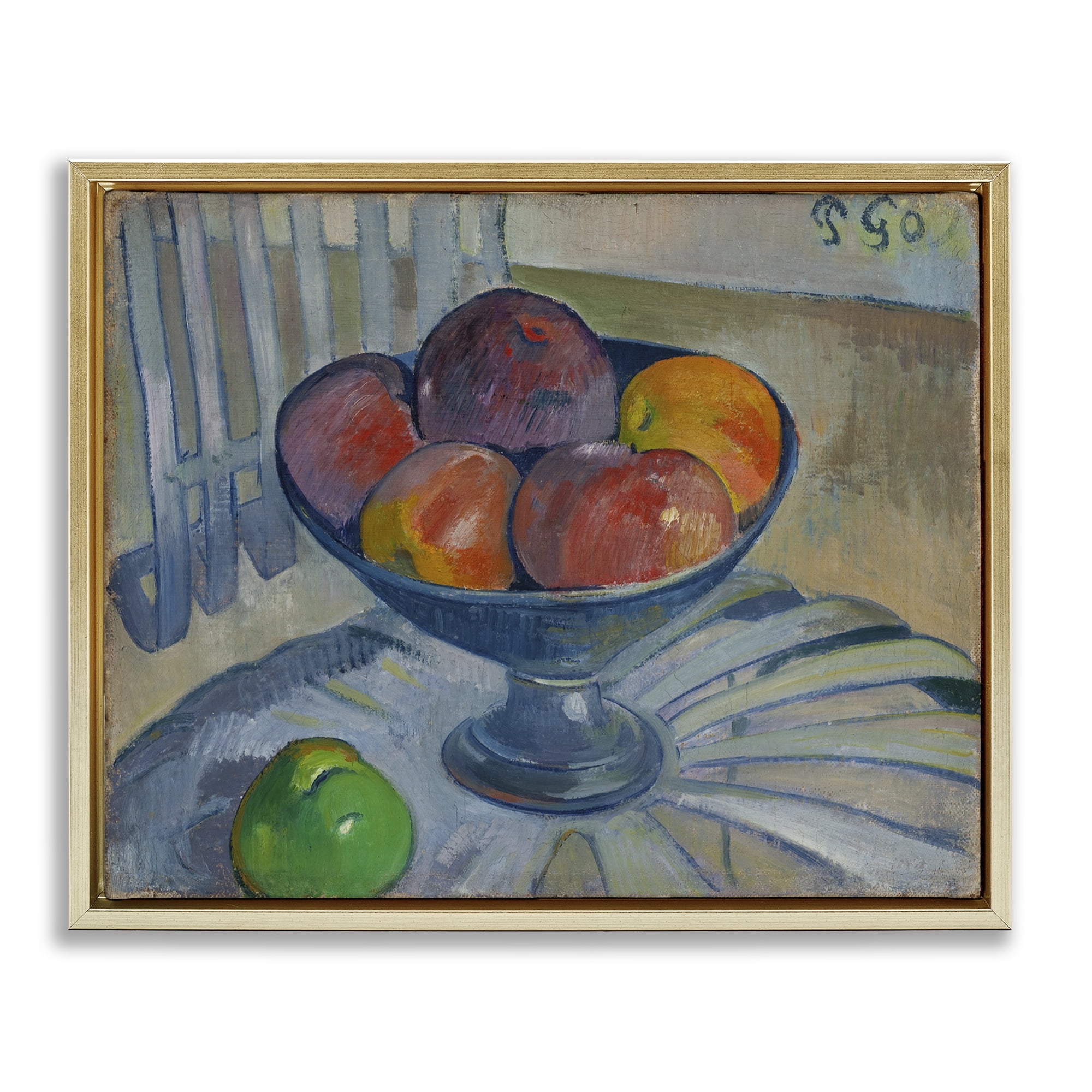 Stupell Industries Classic Fruit Dish on Garden Chair Food & Beverage Painting Gold Floater Framed Canvas Art Print Wall Art, 21 x 17