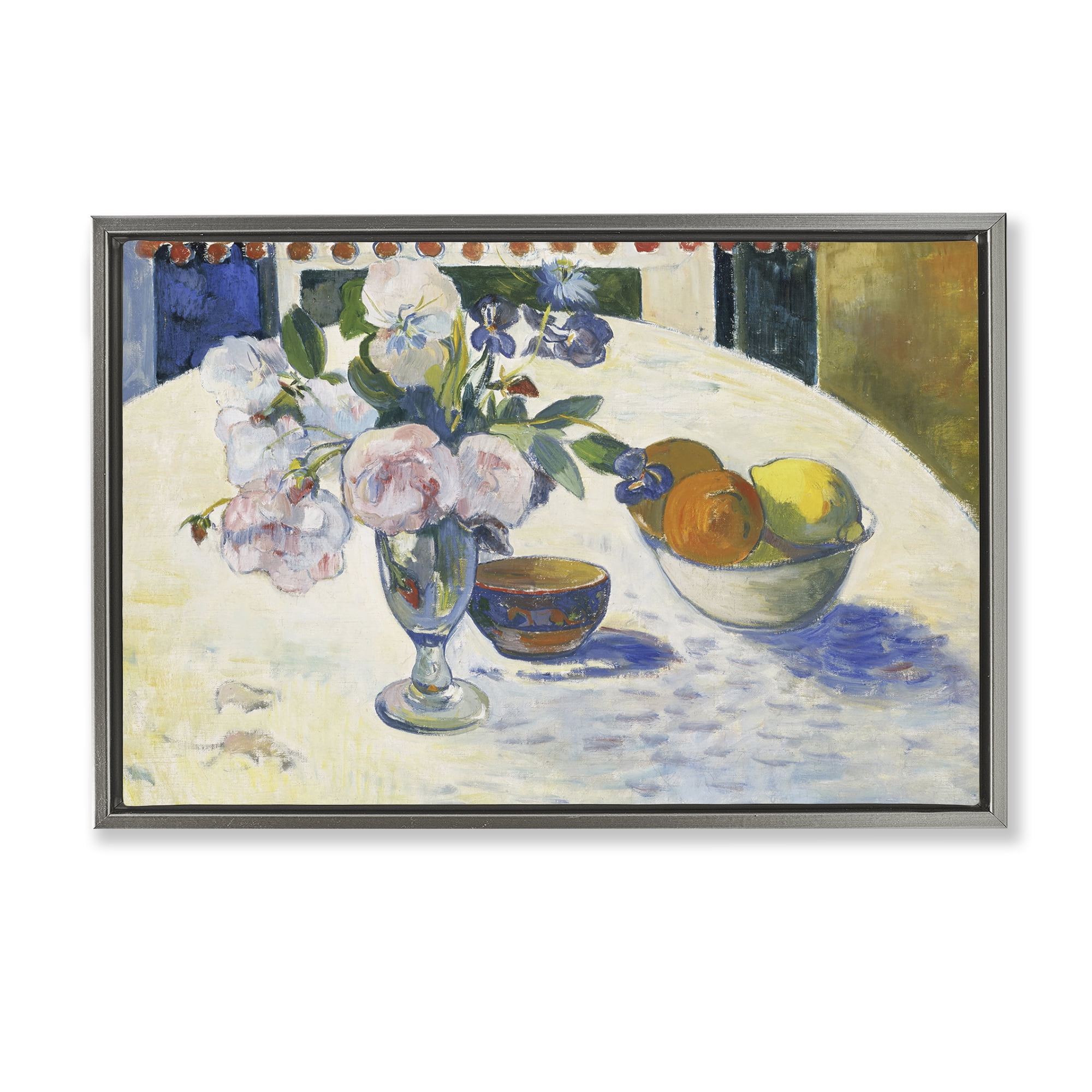 Stupell Industries Classic Gauguin Flowers & Fruit Bowl Food & Beverage Painting Gray Floater Framed Canvas Art Print Wall Art, 25 x 17