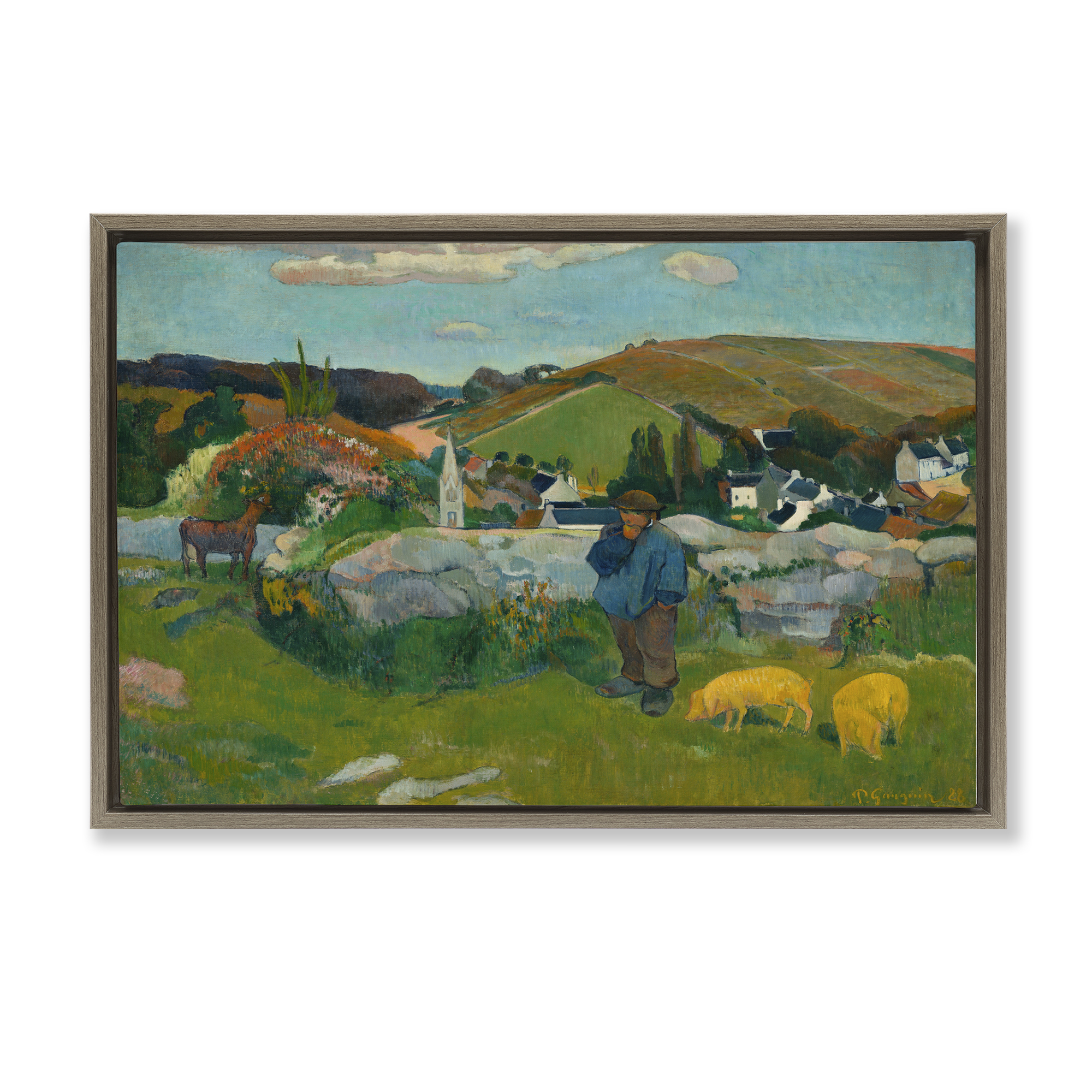 Stupell Industries Classic Gauguin Swineherd Landscape & Nature Painting Brown Floater Framed Canvas Art Print Wall Art, 25 x 17