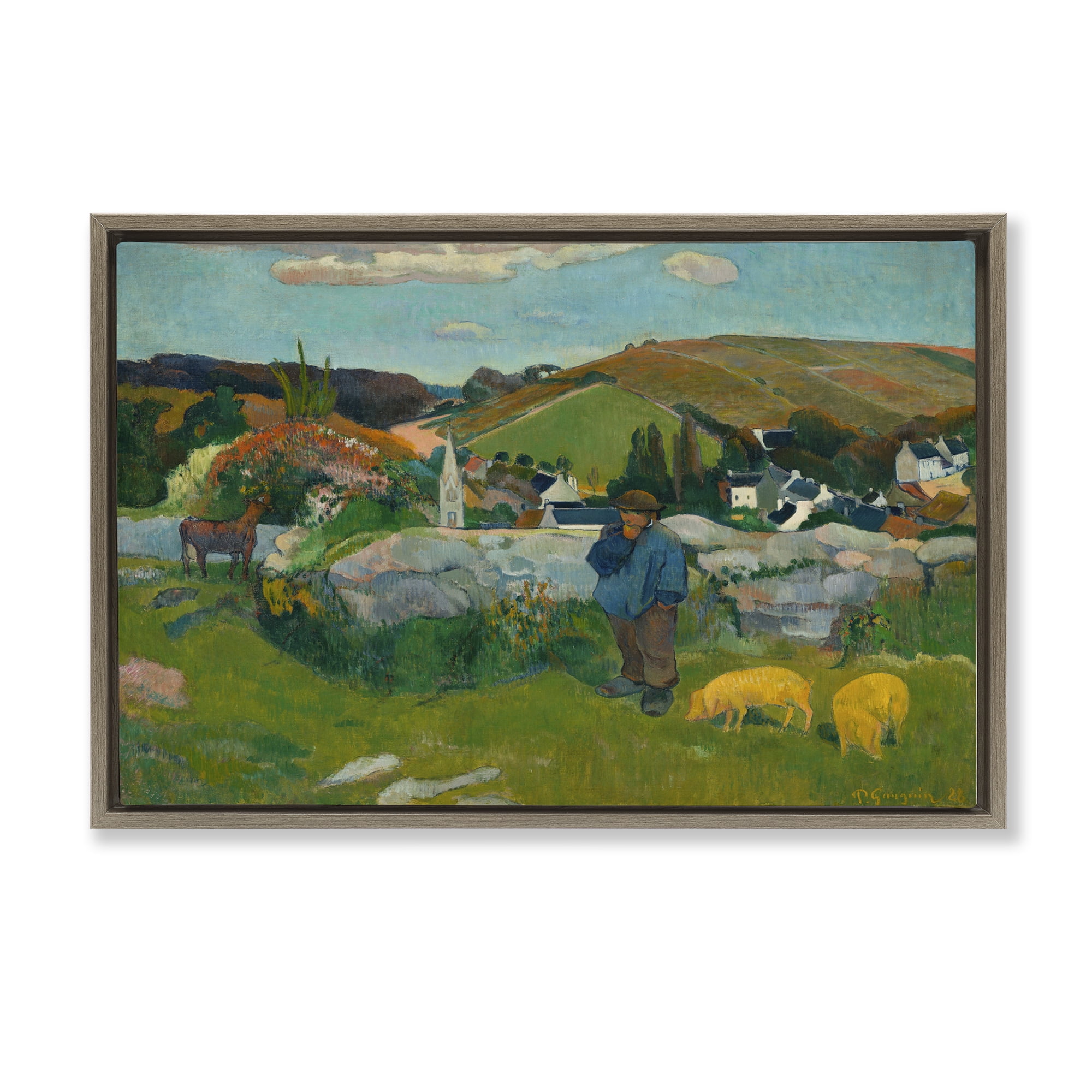Stupell Industries Classic Gauguin Swineherd Landscape & Nature Painting Brown Floater Framed Canvas Art Print Wall Art, 31 x 21