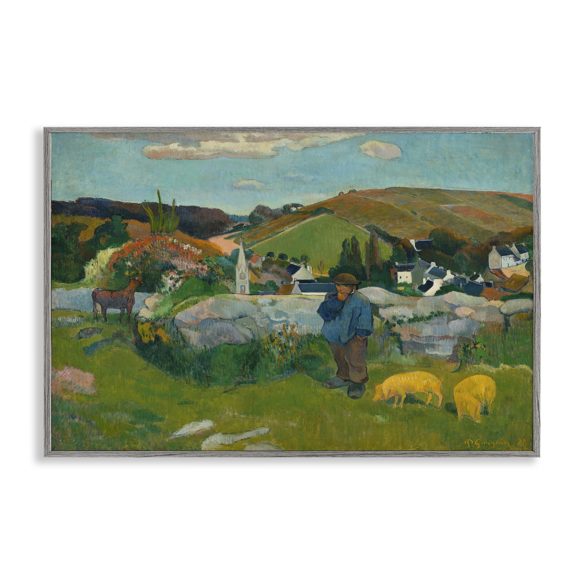 Stupell Industries Classic Gauguin Swineherd Landscape & Nature Painting Gray Framed Art Print Wall Art, 24 x 16