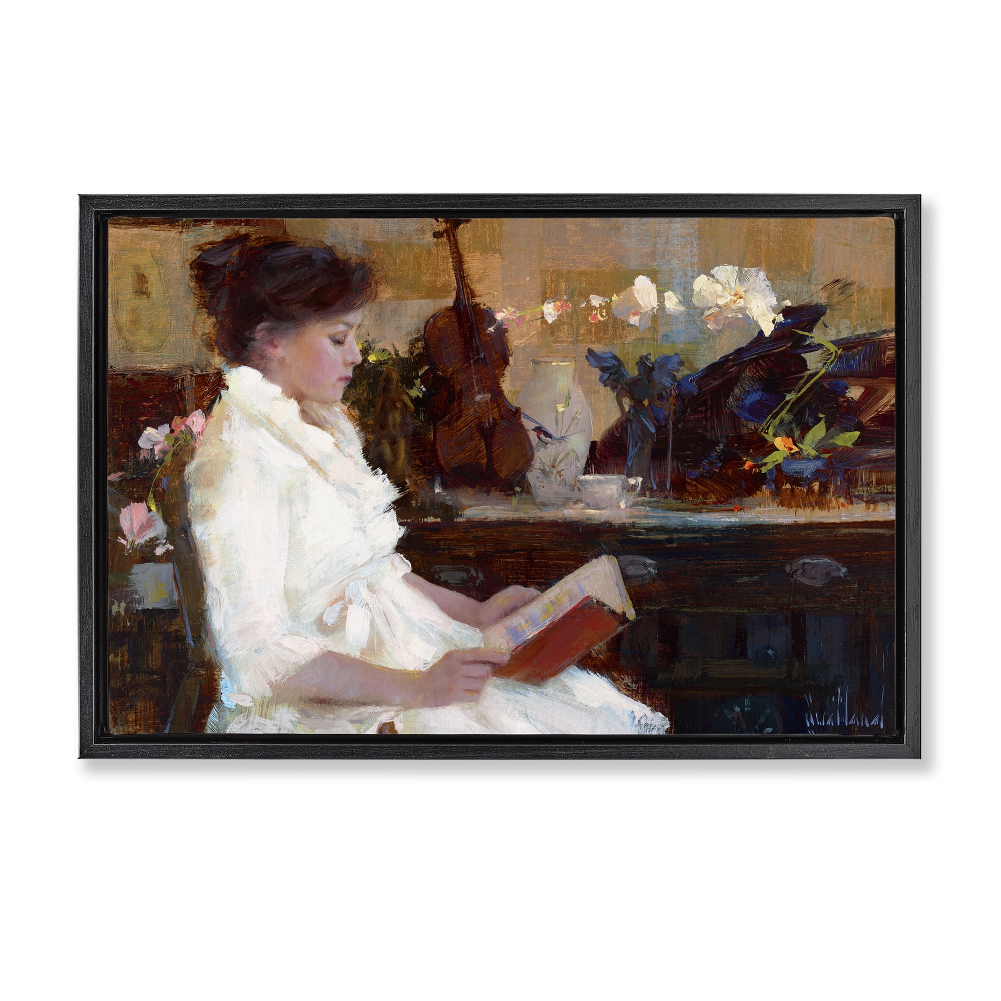 Stupell Industries Classic Girl Reading Novelty Painting Black Floater Framed Art Print Wall Art, 31 x 21