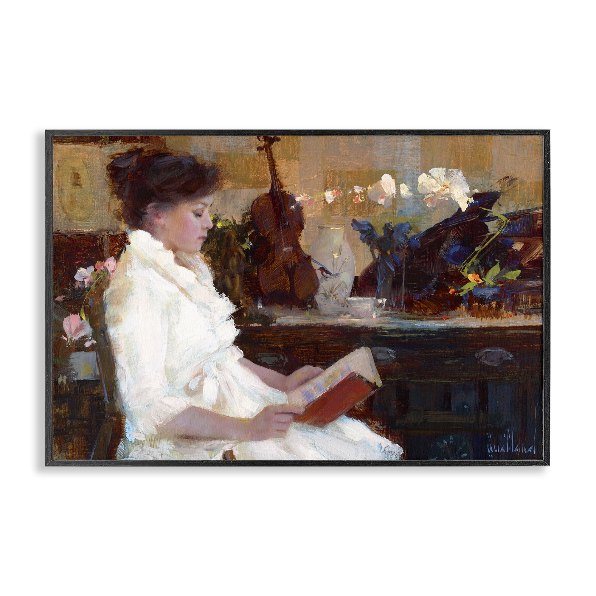 Stupell Industries Classic Girl Reading Novelty Painting Black Framed Art Print Wall Art, 18 x 12