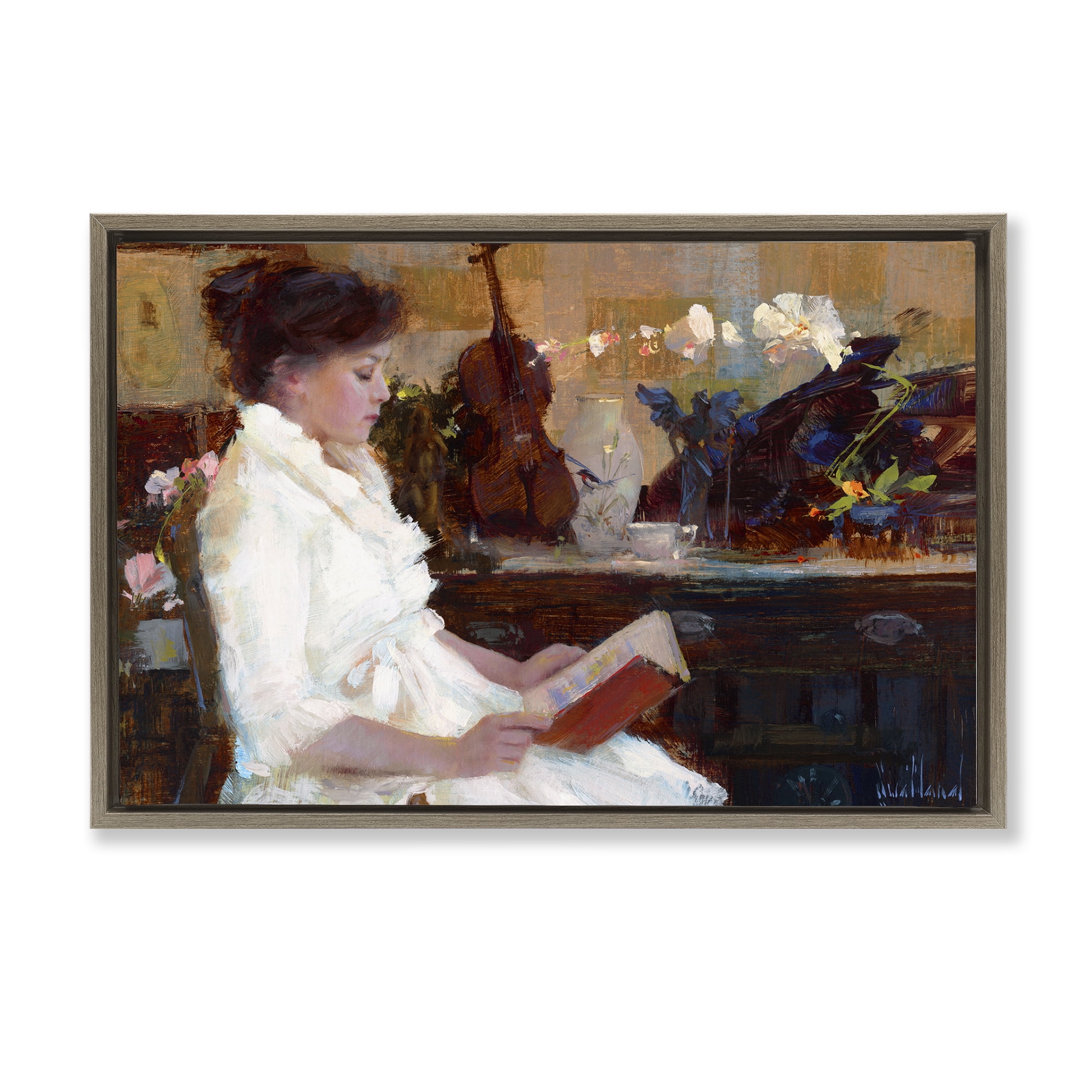 Stupell Industries Classic Girl Reading Novelty Painting Brown Floater Framed Art Print Wall Art, 25 x 17