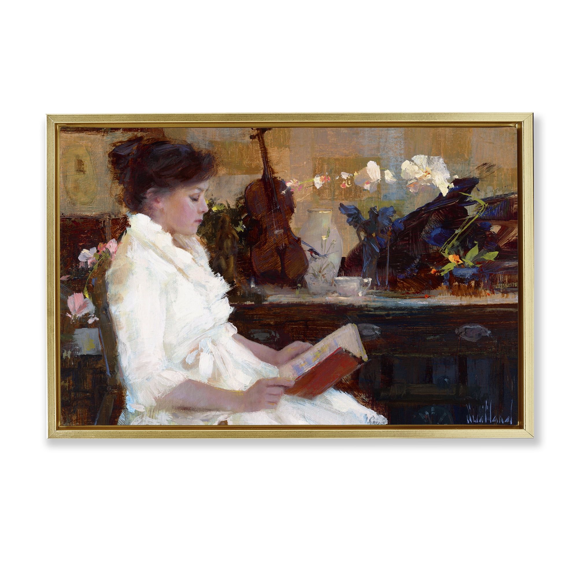 Stupell Industries Classic Girl Reading Novelty Painting Gold Floater Framed Art Print Wall Art, 31 x 21