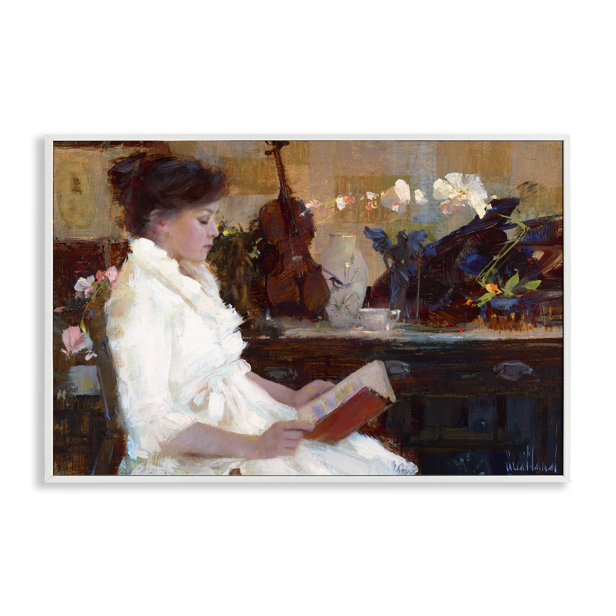 Stupell Industries Classic Girl Reading Novelty Painting White Framed Art Print Wall Art, 30 x 20