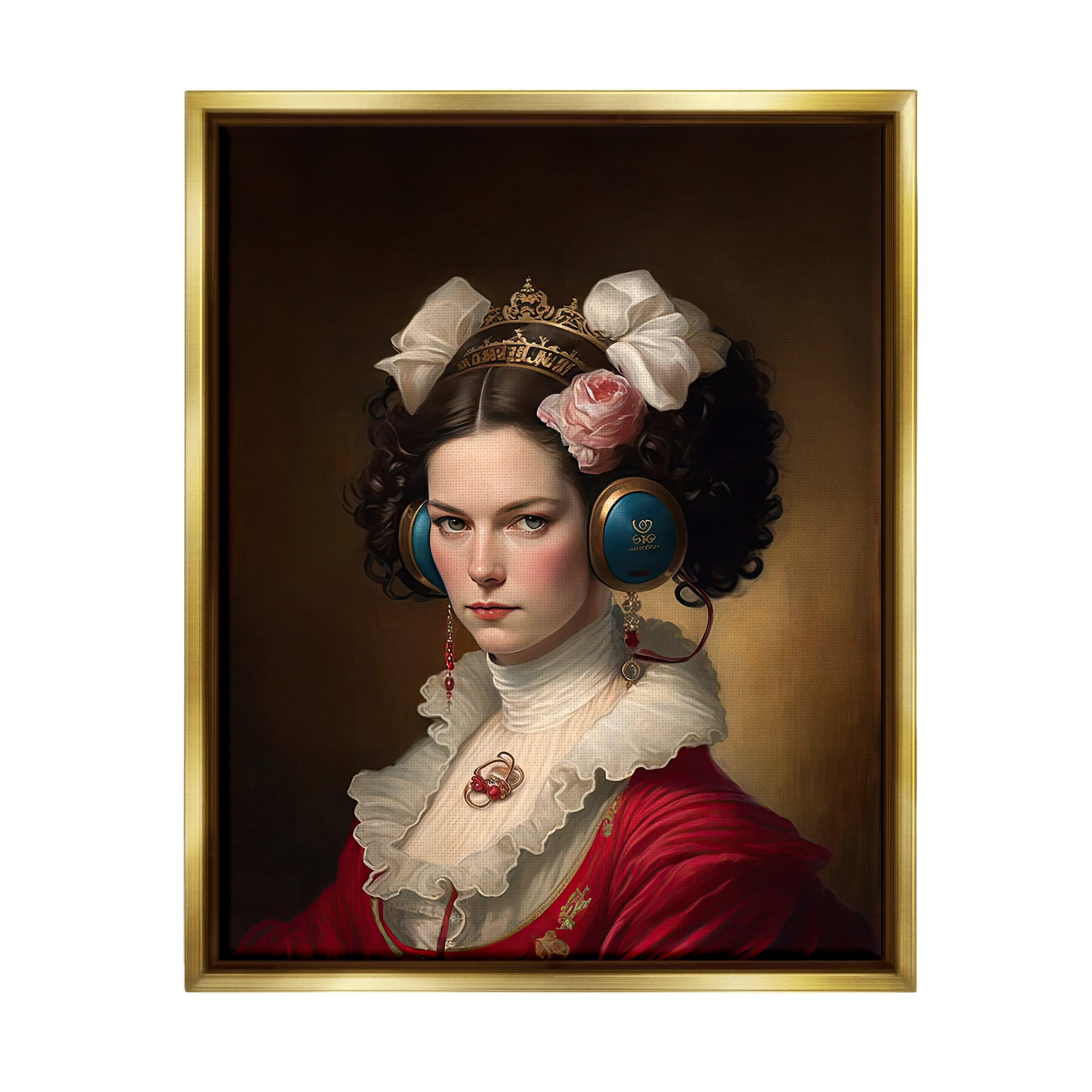 Stupell Industries Classic Girl Wearing Headphones Beauty & Fashion Painting Gold Floater Framed Art Print Wall Art, 25 x 31