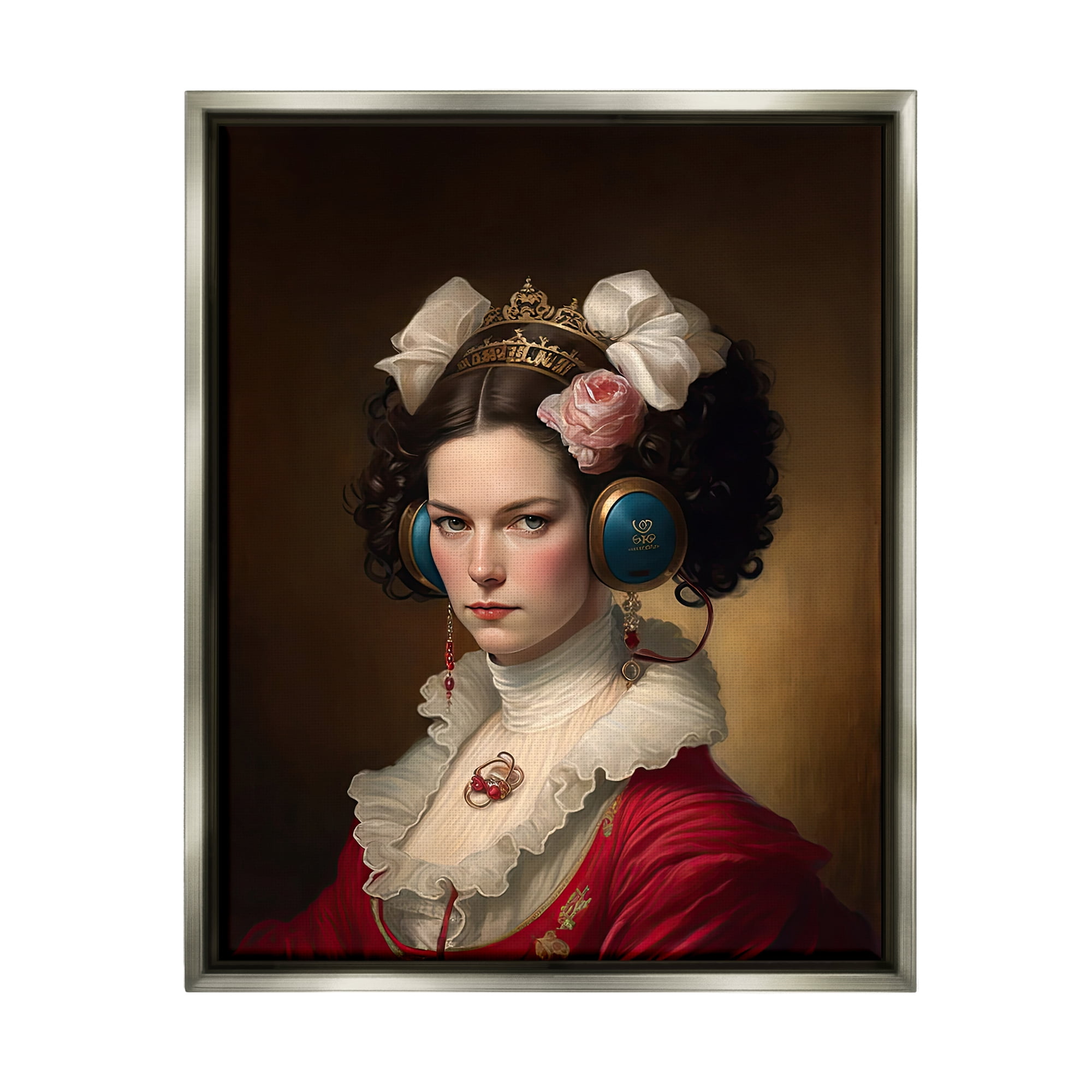 Stupell Industries Classic Girl Wearing Headphones Beauty & Fashion Painting Gray Floater Framed Art Print Wall Art, 17 x 21