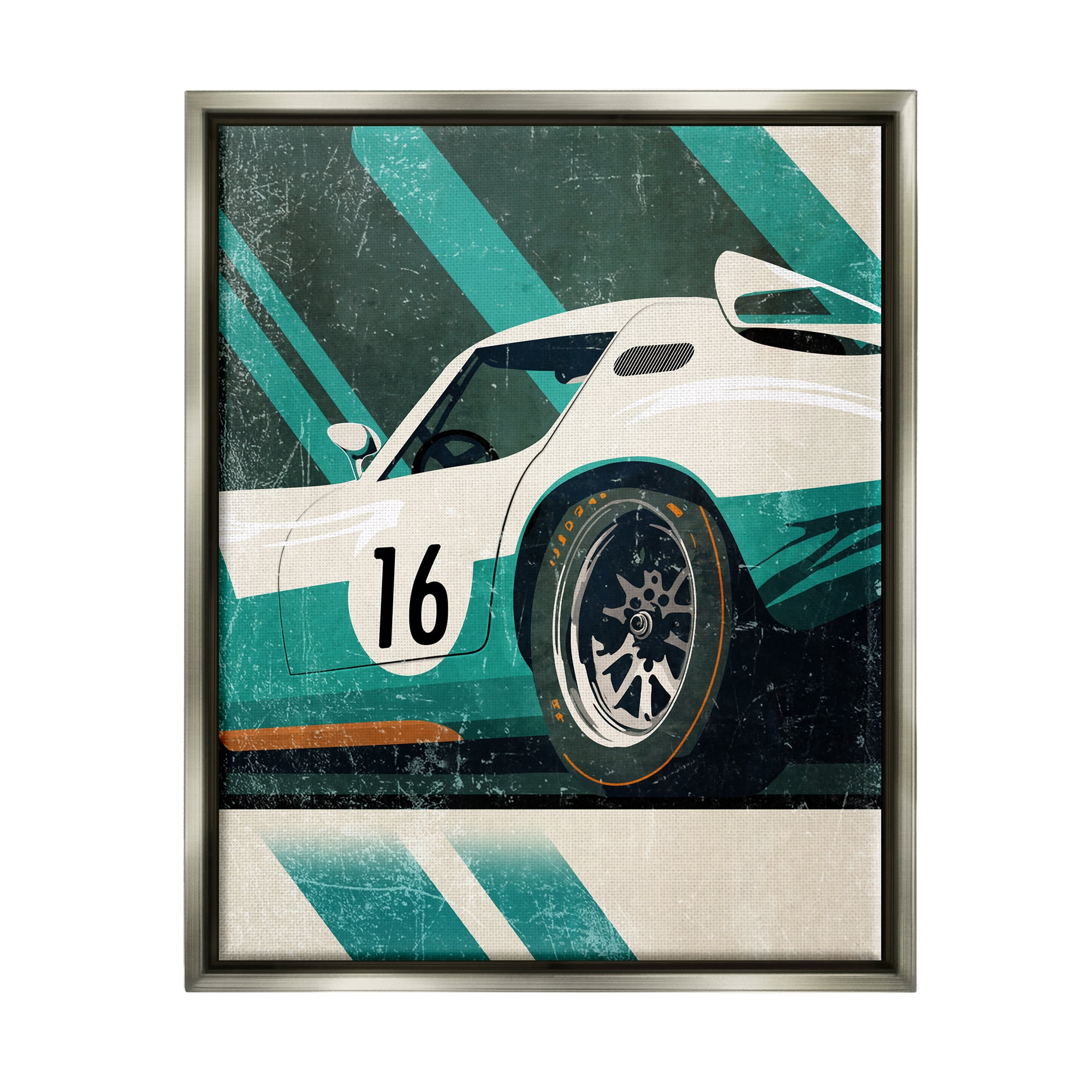 Stupell Industries Classic Green Race Car Transportation Painting Gray Floater Framed Canvas Art Print Wall Art, 25 x 31