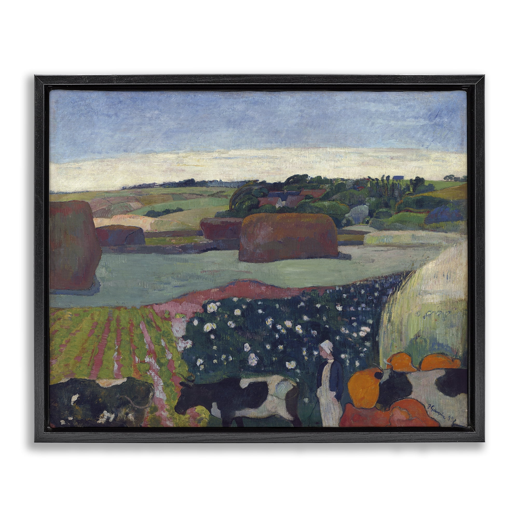Stupell Industries Classic Haystacks in Brittany Landscape & Nature Painting Black Floater Framed Canvas Art Print Wall Art, 31 x 25
