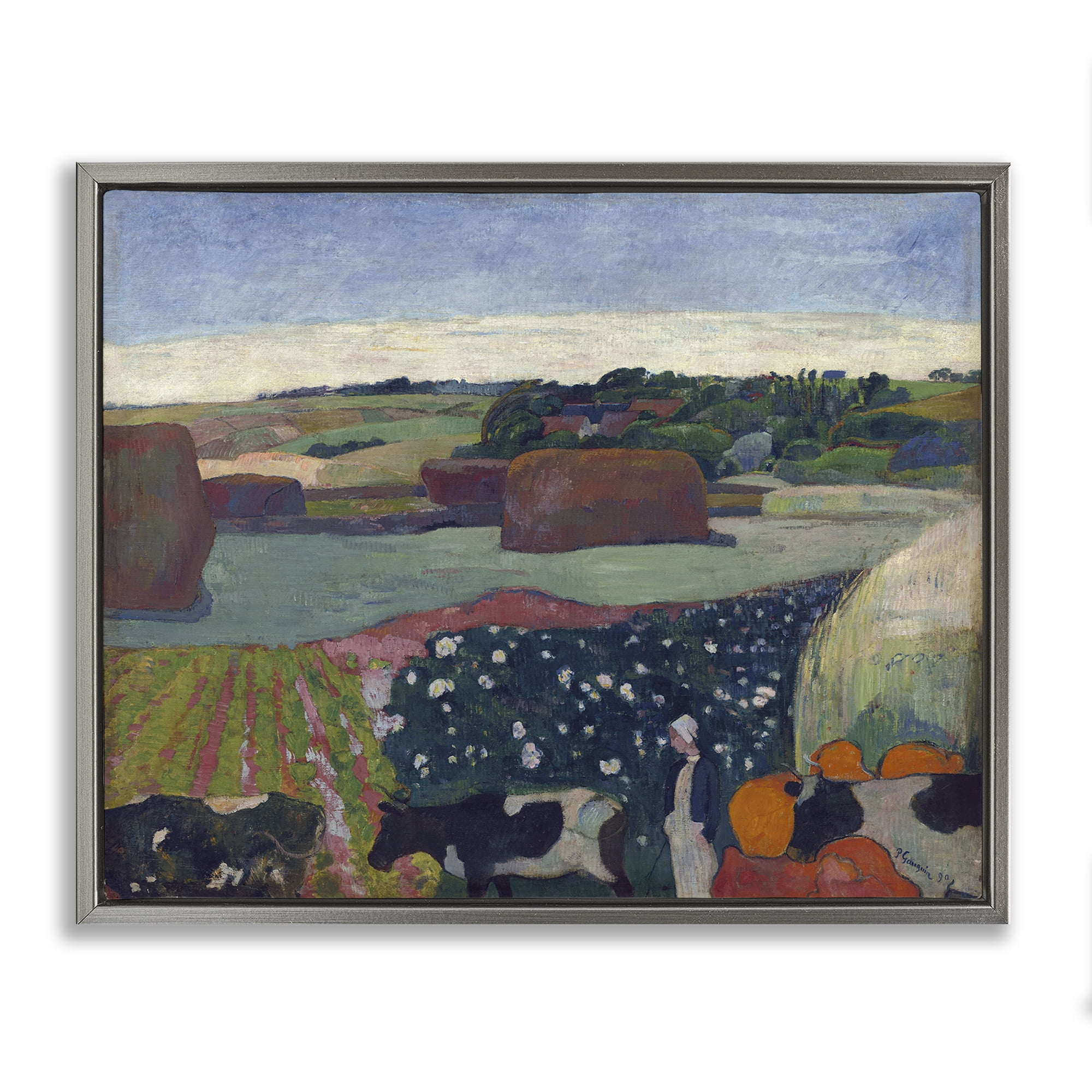 Stupell Industries Classic Haystacks in Brittany Landscape & Nature Painting Gray Floater Framed Canvas Art Print Wall Art, 21 x 17