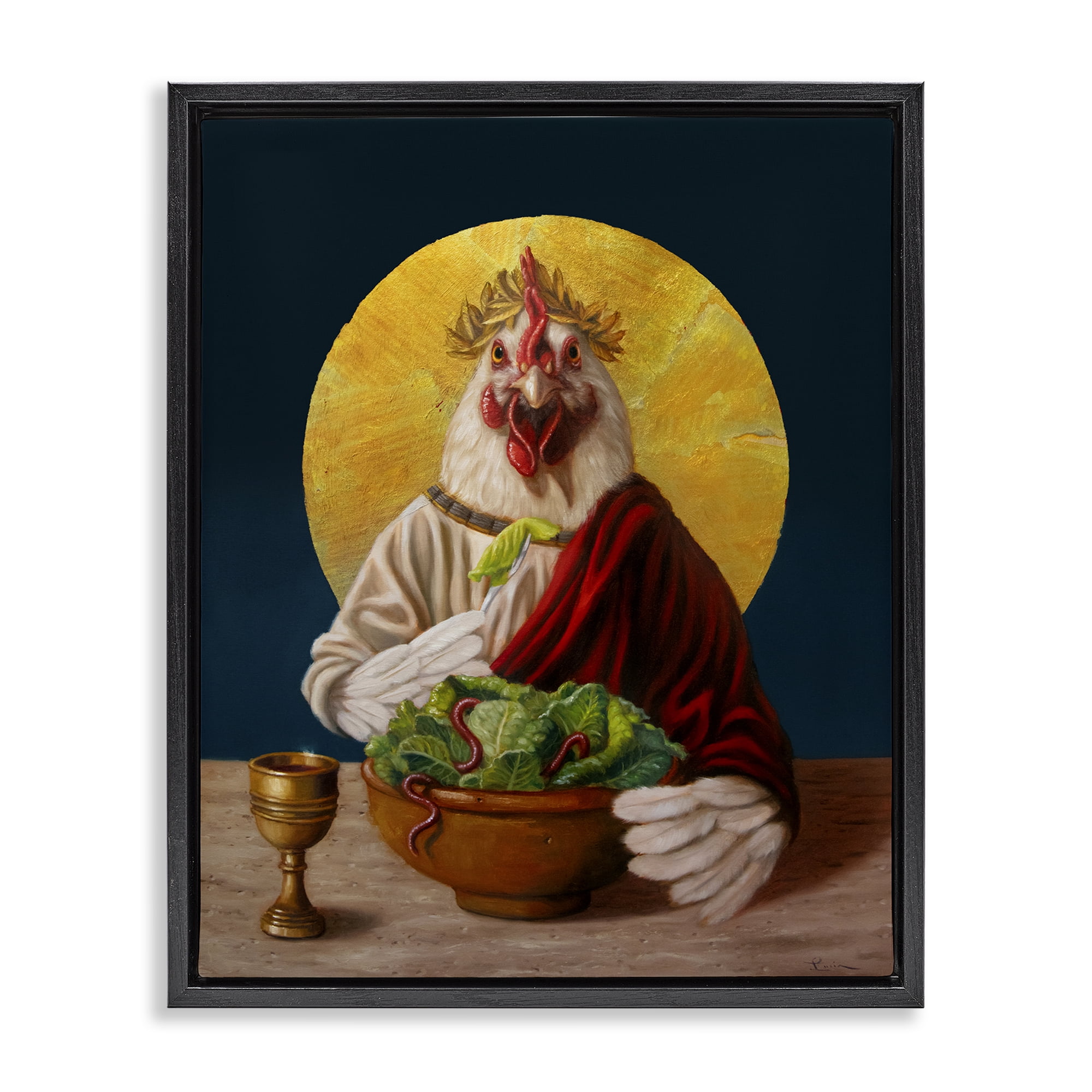 Stupell Industries Classic Hen with Meal Novelty & Humor Painting Black Floater Framed Canvas Art Print Wall Art, 17 x 21