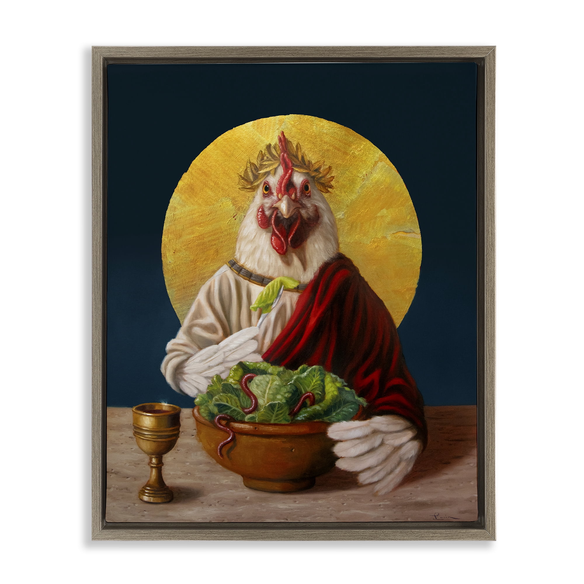 Stupell Industries Classic Hen with Meal Novelty & Humor Painting Brown Floater Framed Canvas Art Print Wall Art, 25 x 31