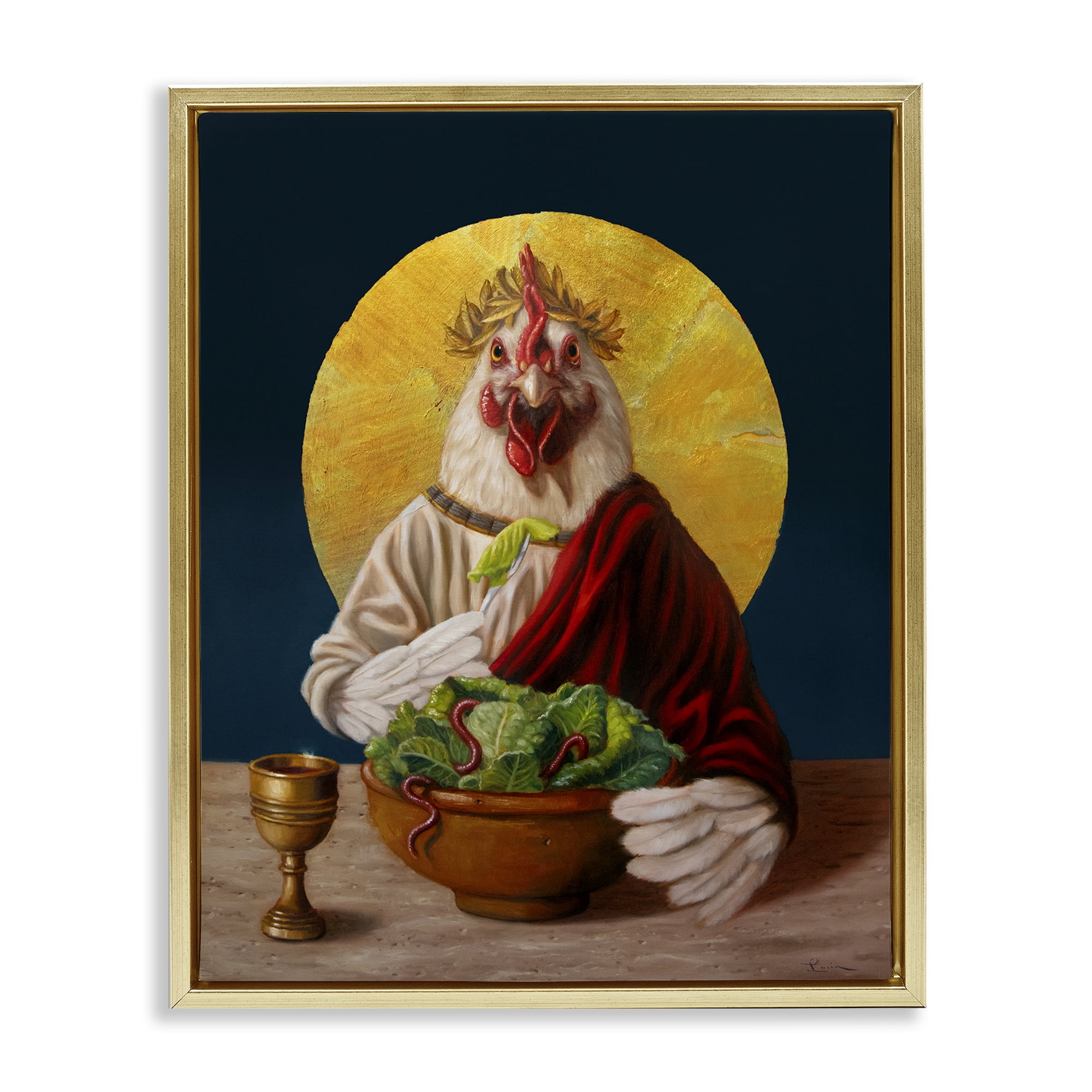 Stupell Industries Classic Hen with Meal Novelty & Humor Painting Gold Floater Framed Canvas Art Print Wall Art, 17 x 21