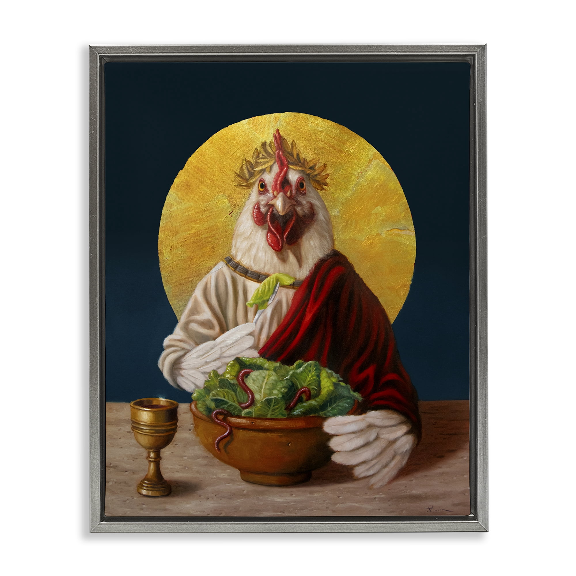 Stupell Industries Classic Hen with Meal Novelty & Humor Painting Gray Floater Framed Canvas Art Print Wall Art, 17 x 21
