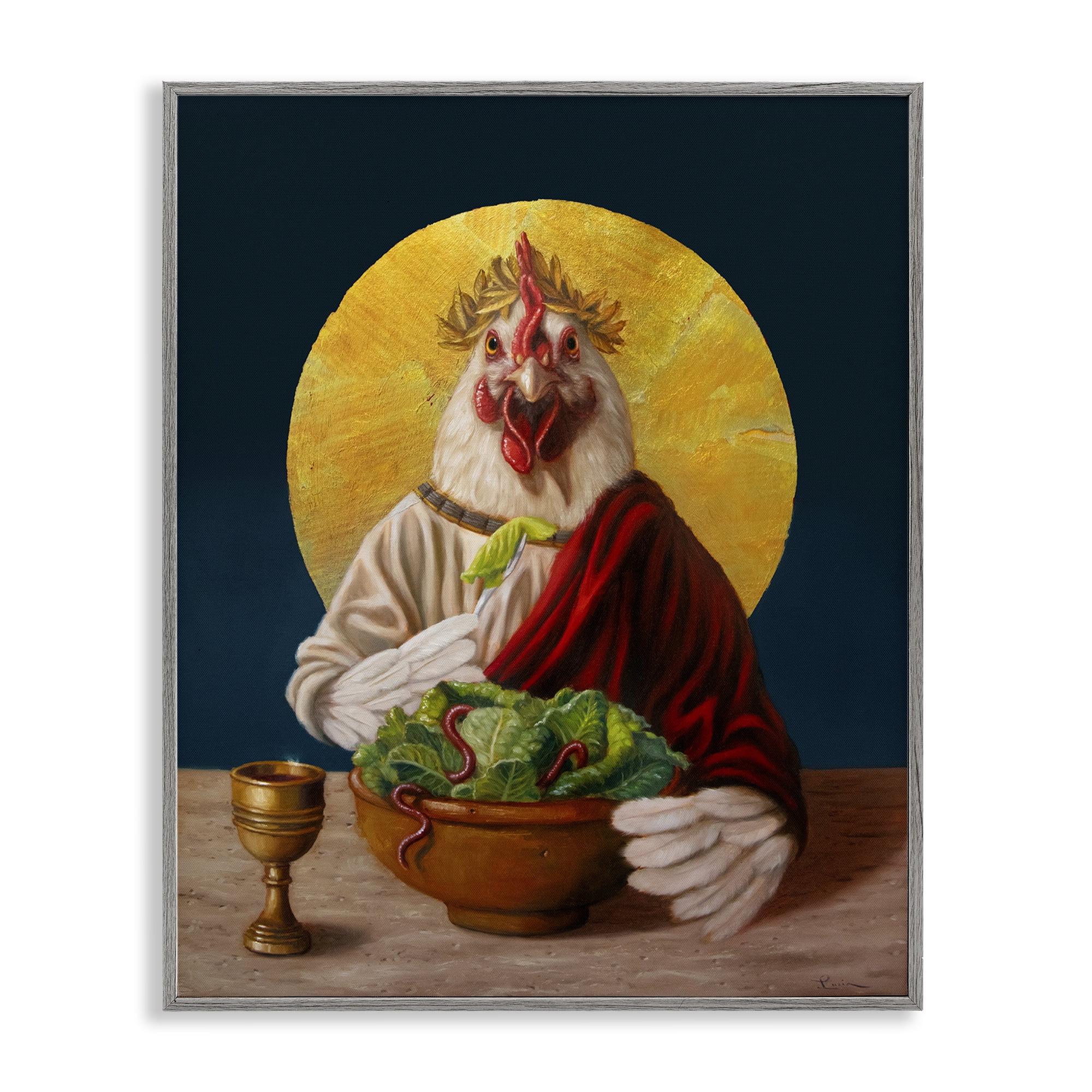 Stupell Industries Classic Hen with Meal Novelty & Humor Painting Gray Framed Art Print Wall Art, 11 x 14