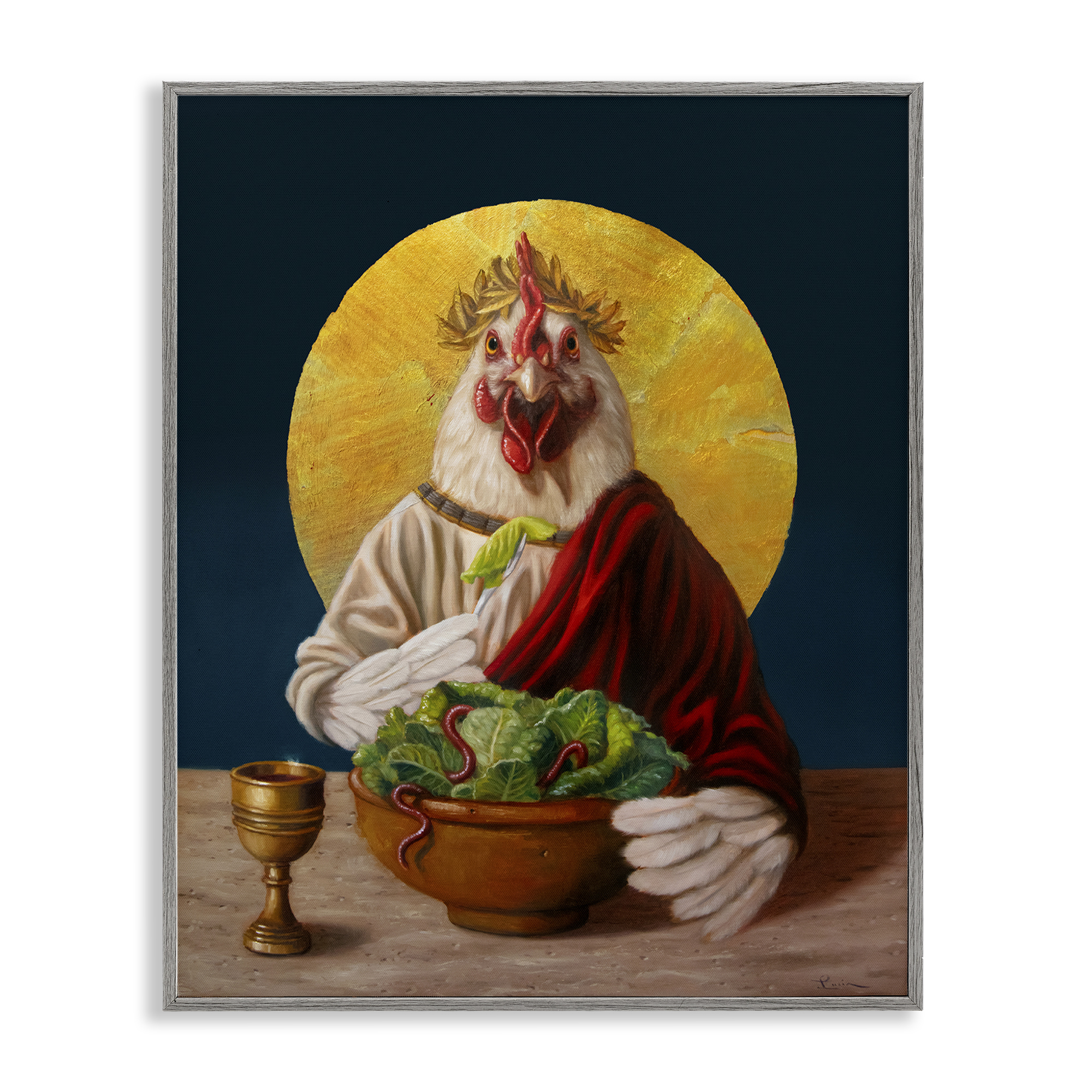Stupell Industries Classic Hen with Meal Novelty & Humor Painting Gray Framed Art Print Wall Art, 24 x 30