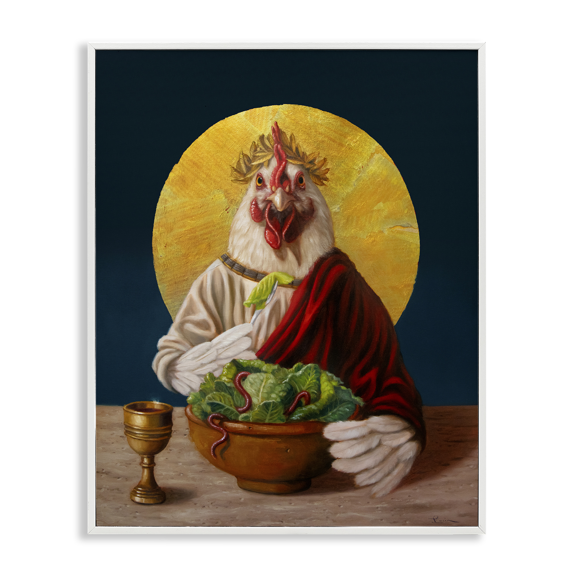 Stupell Industries Classic Hen with Meal Novelty & Humor Painting White Framed Art Print Wall Art, 11 x 14