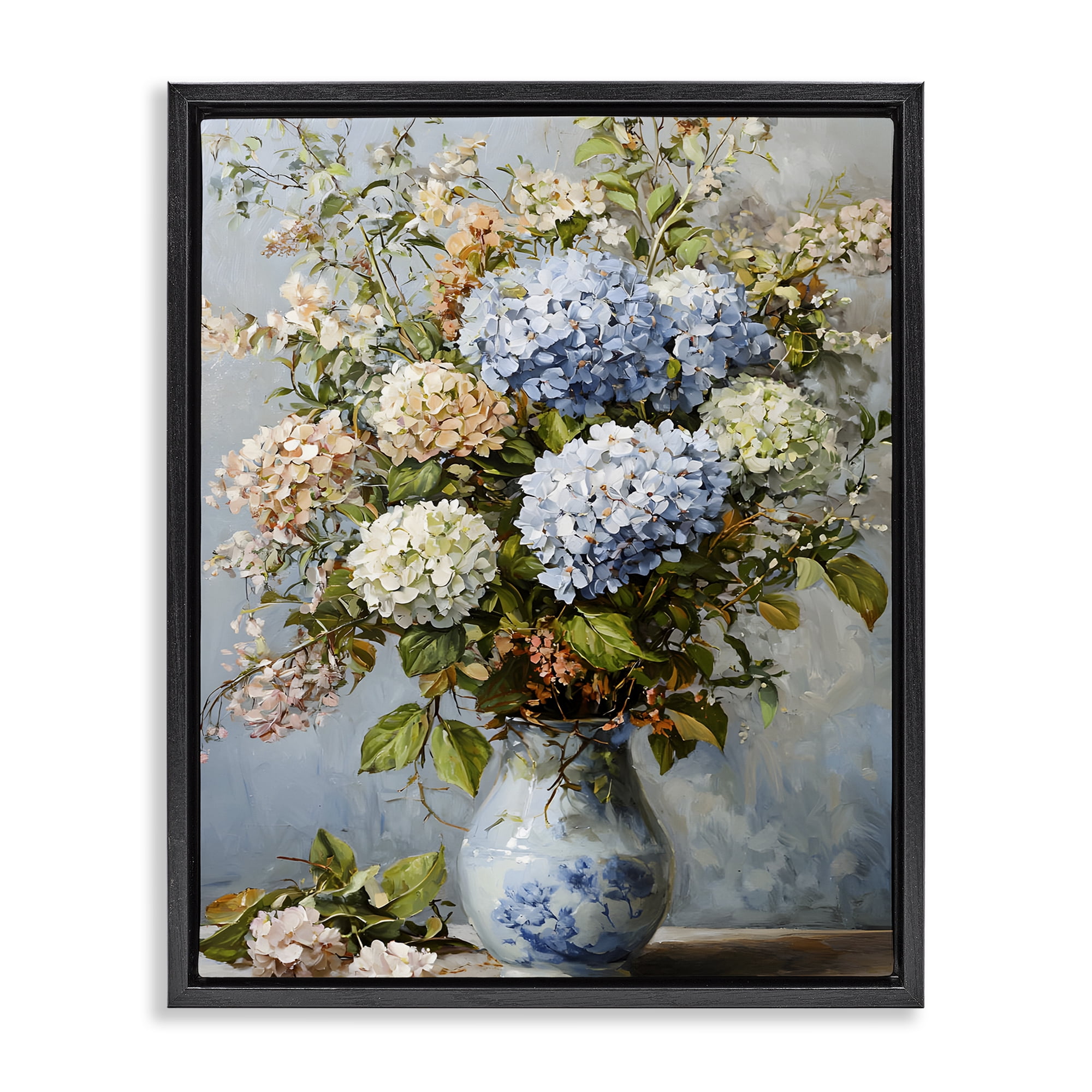 Stupell Industries Classic Hydrangeas & Leaves Floral Painting Black Floater Framed Canvas Art Print Wall Art, 17 x 21