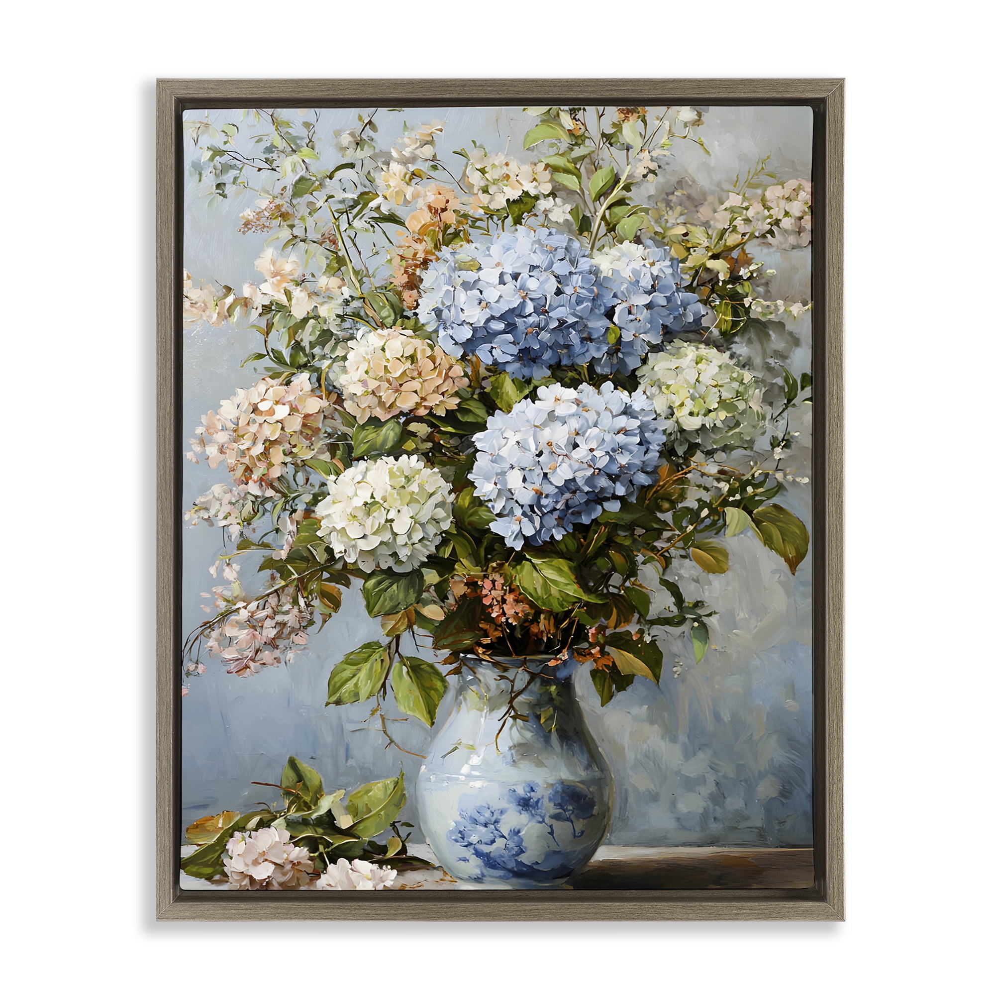 Stupell Industries Classic Hydrangeas & Leaves Floral Painting Brown Floater Framed Canvas Art Print Wall Art, 25 x 31