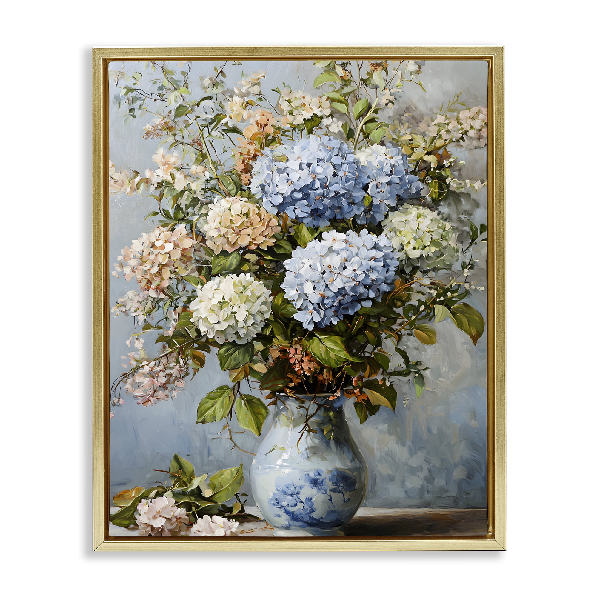 Stupell Industries Classic Hydrangeas & Leaves Floral Painting Gold Floater Framed Canvas Art Print Wall Art, 17 x 21