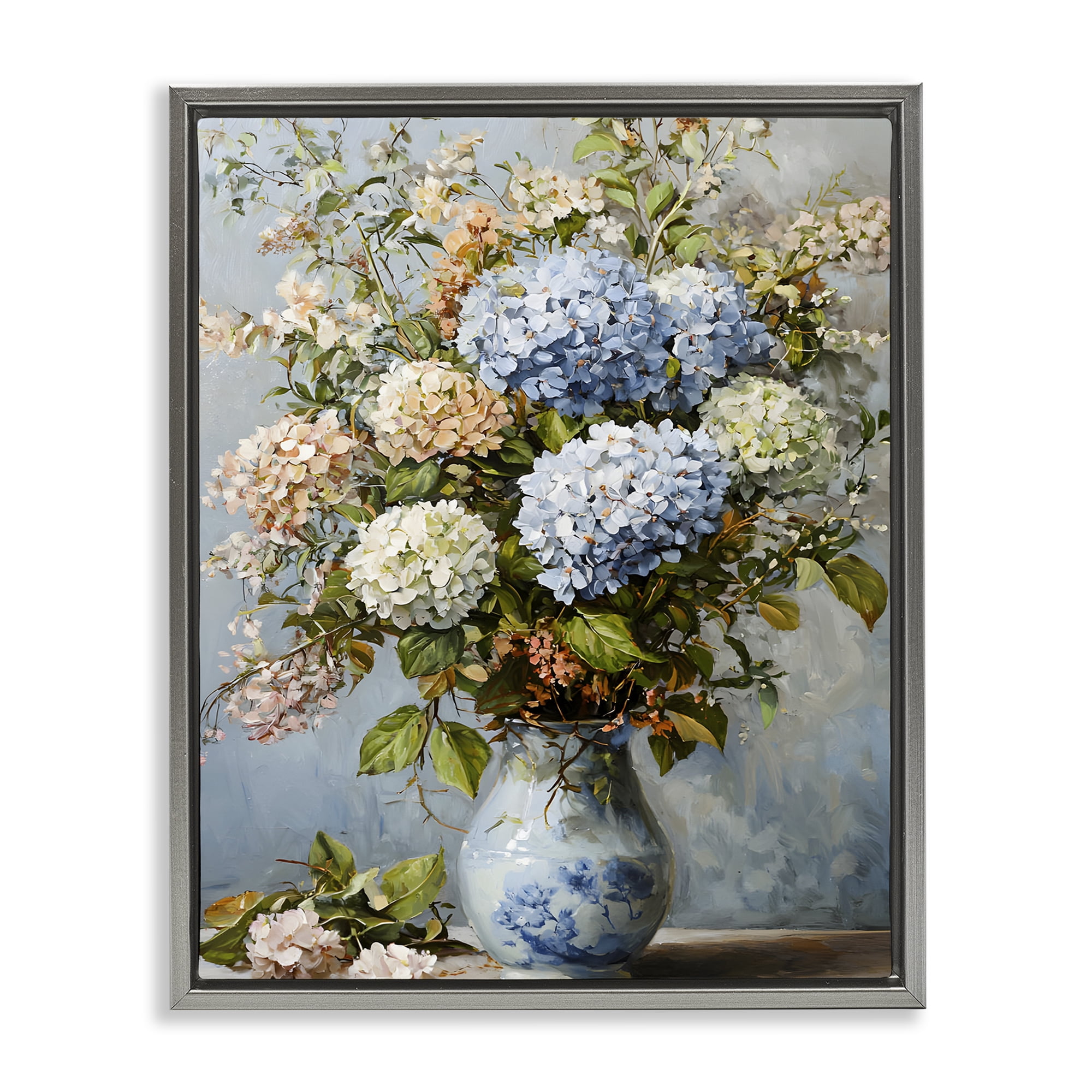 Stupell Industries Classic Hydrangeas & Leaves Floral Painting Gray Floater Framed Canvas Art Print Wall Art, 17 x 21