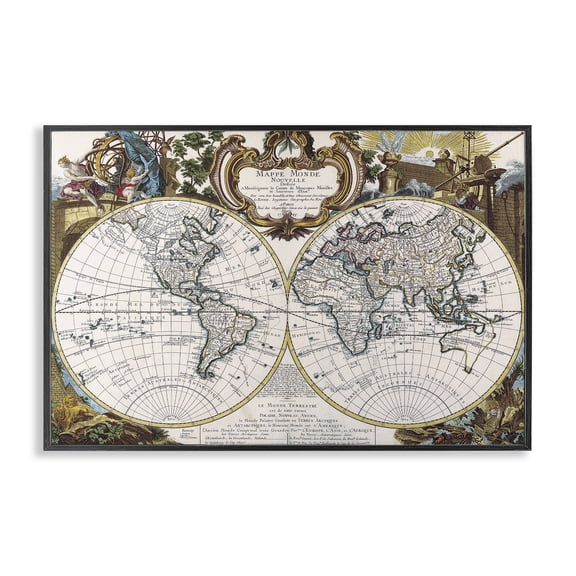 Stupell Industries Classic Inspired World Map History & Language Painting Black Framed Art Print Wall Art, 18 x 12