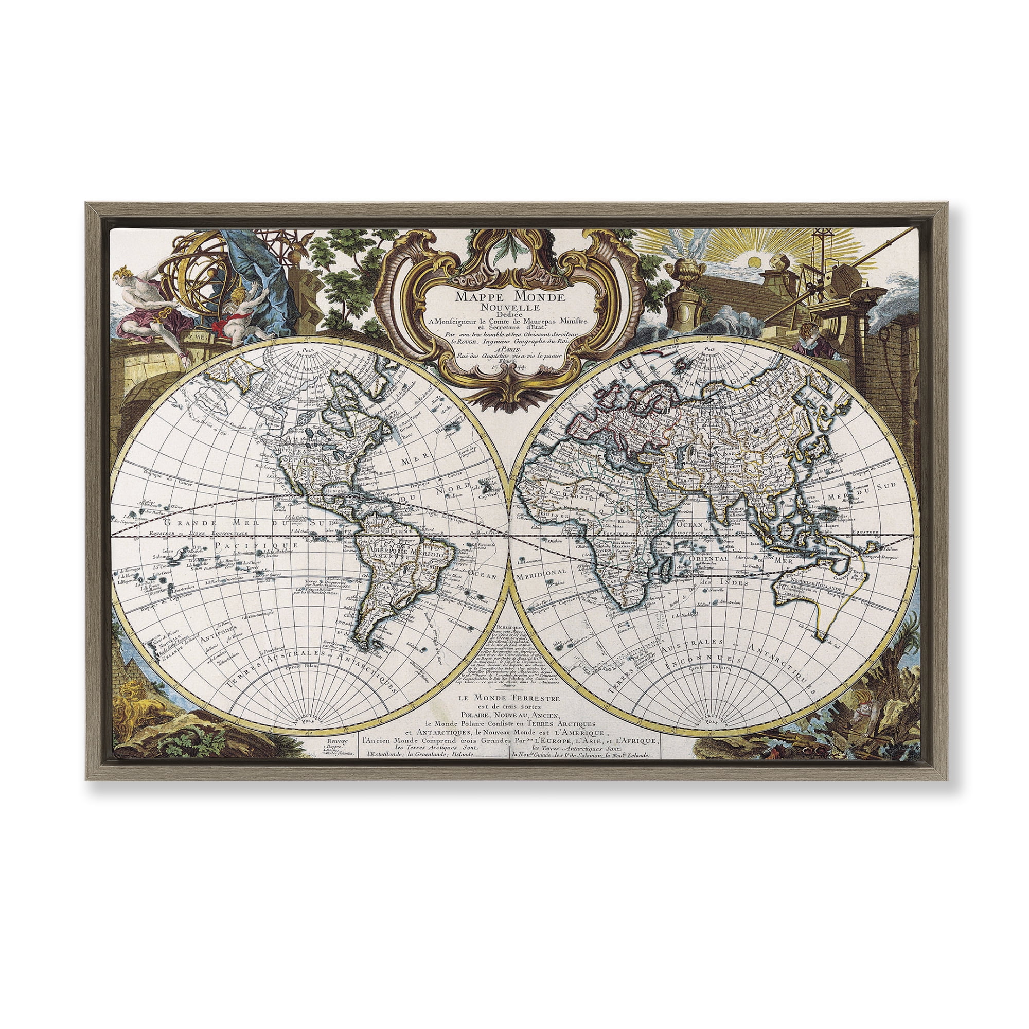 Stupell Industries Classic Inspired World Map History & Language Painting Brown Floater Framed Canvas Art Print Wall Art, 31 x 21