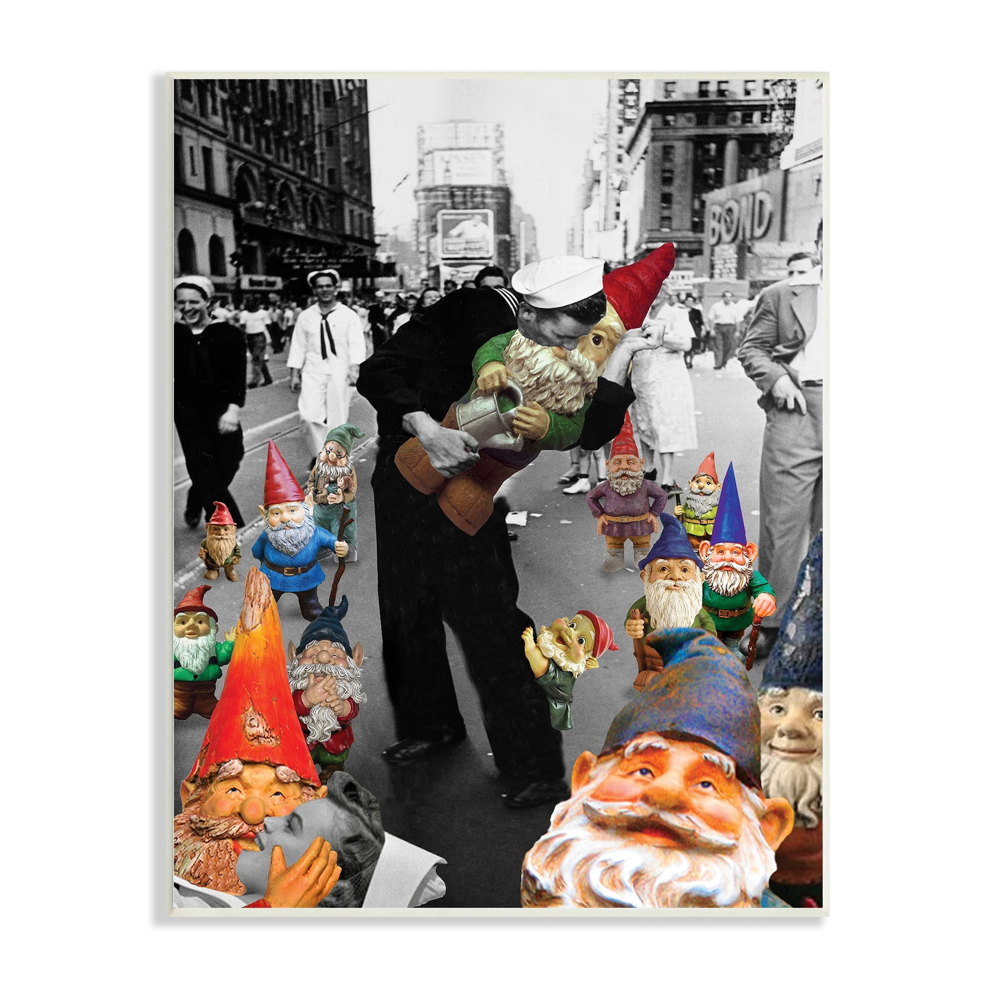 Stupell Industries Classic Kissing Sailor Urban Photograph Whimsical Gnomes Wood Wall Art, 10 x 15, Design by Barry Kite
