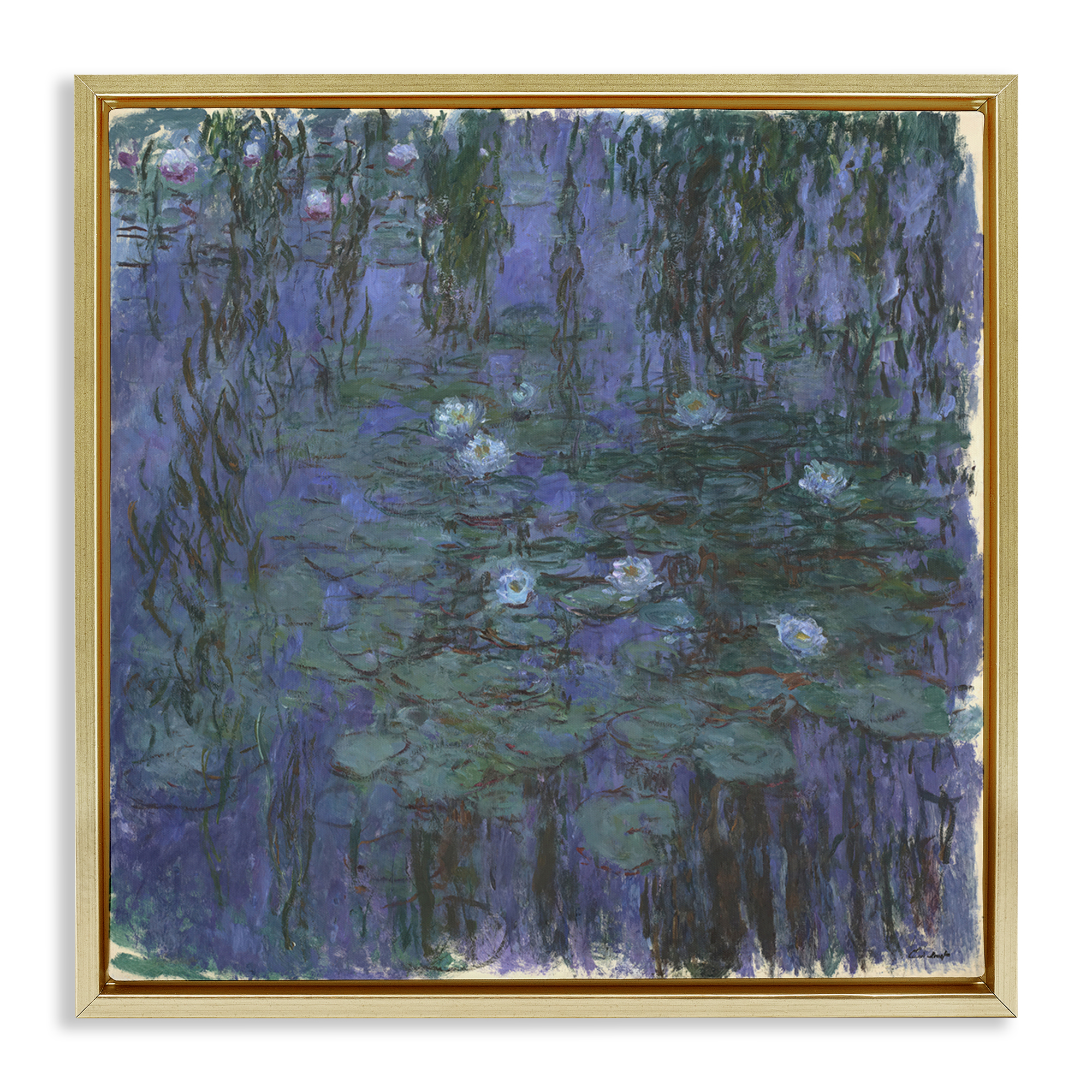 Stupell Industries Classic Monet Blue Water Lilies Landscape & Nature Painting Gold Floater Framed Canvas Art Print Wall Art, 25 x 25