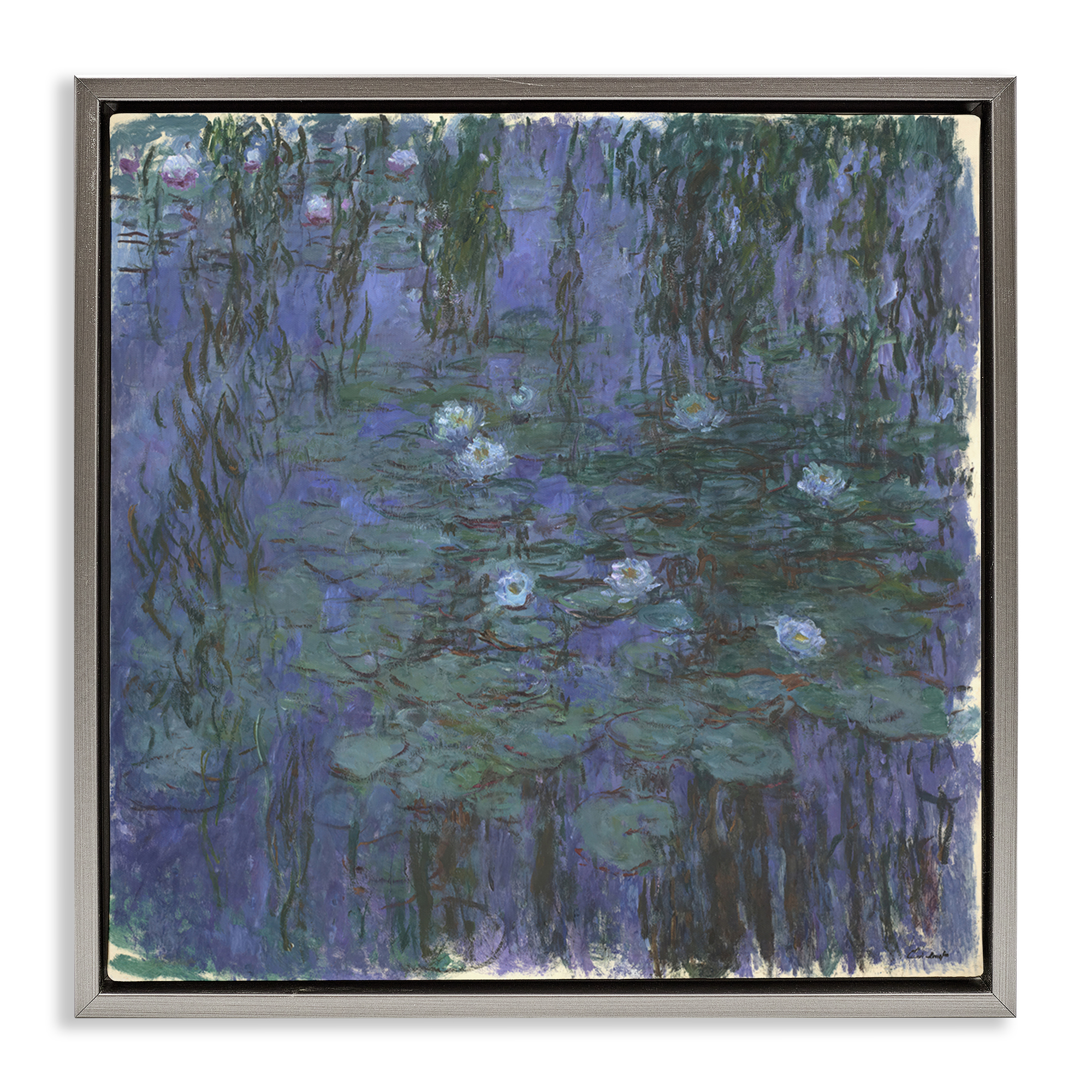 Stupell Industries Classic Monet Blue Water Lilies Landscape & Nature Painting Gray Floater Framed Canvas Art Print Wall Art, 18 x 18