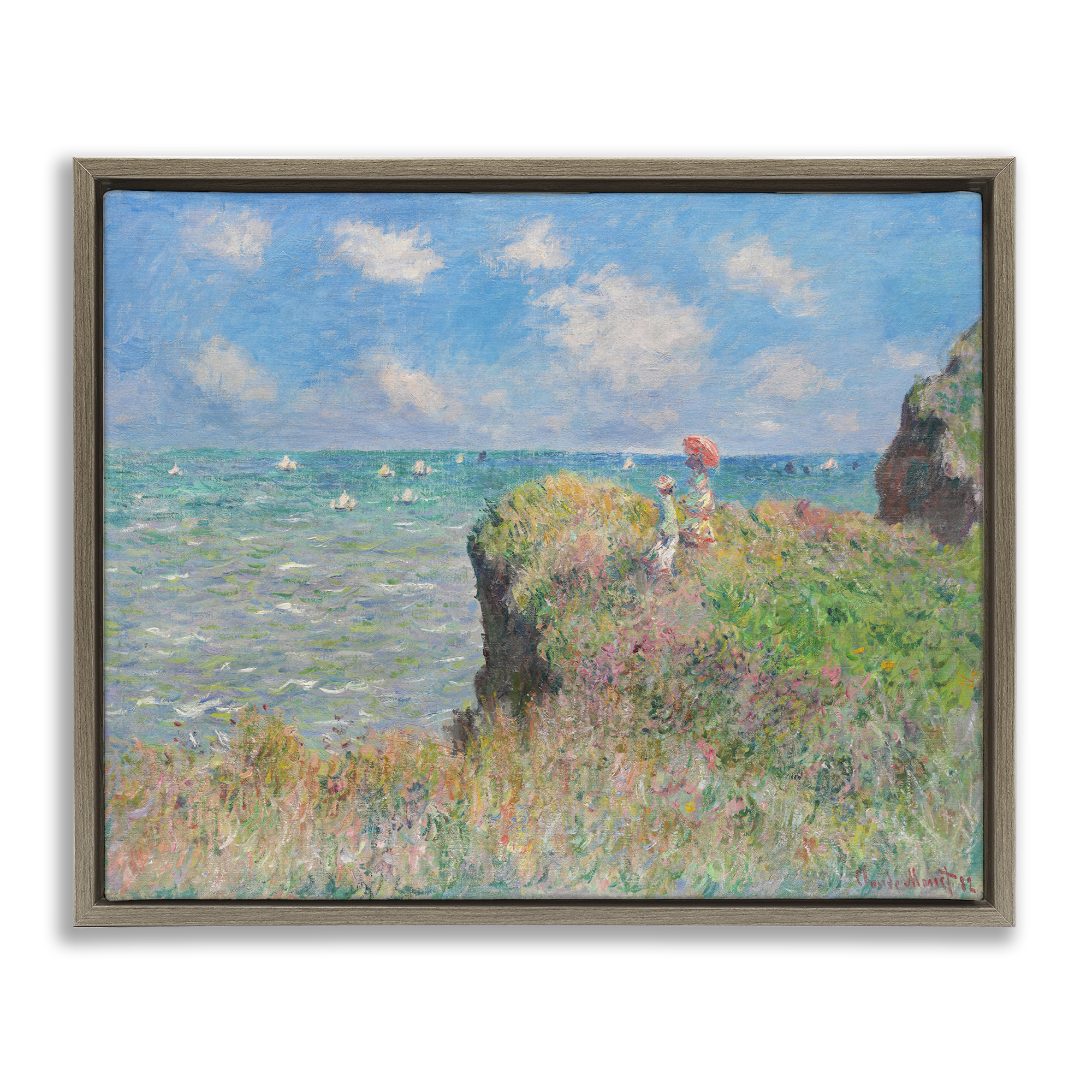 Stupell Industries Classic Monet Cliff Walk Landscape & Nature Painting Brown Floater Framed Canvas Art Print Wall Art, 21 x 17