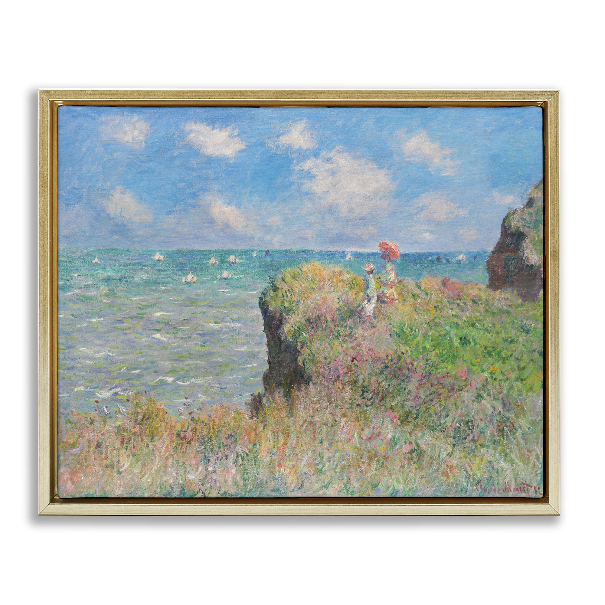 Stupell Industries Classic Monet Cliff Walk Landscape & Nature Painting Gold Floater Framed Canvas Art Print Wall Art, 31 x 25