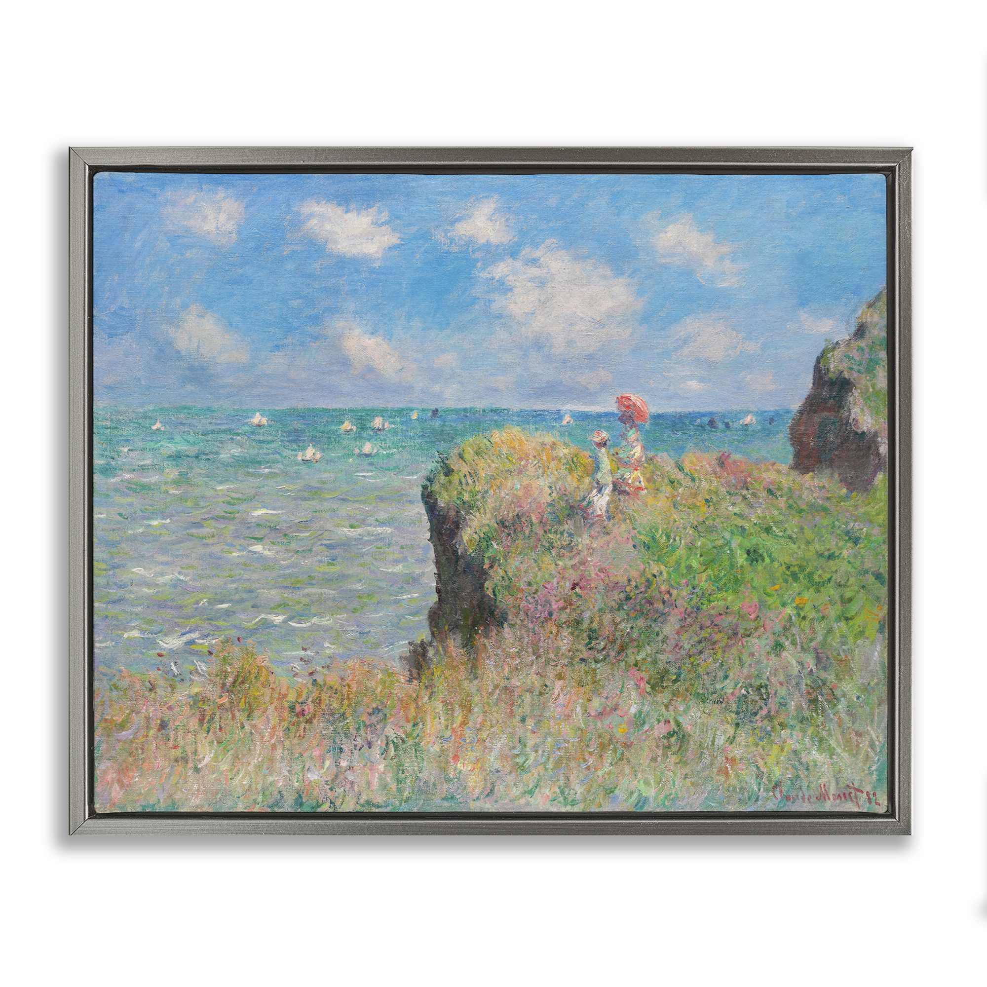 Stupell Industries Classic Monet Cliff Walk Landscape & Nature Painting Gray Floater Framed Canvas Art Print Wall Art, 31 x 25