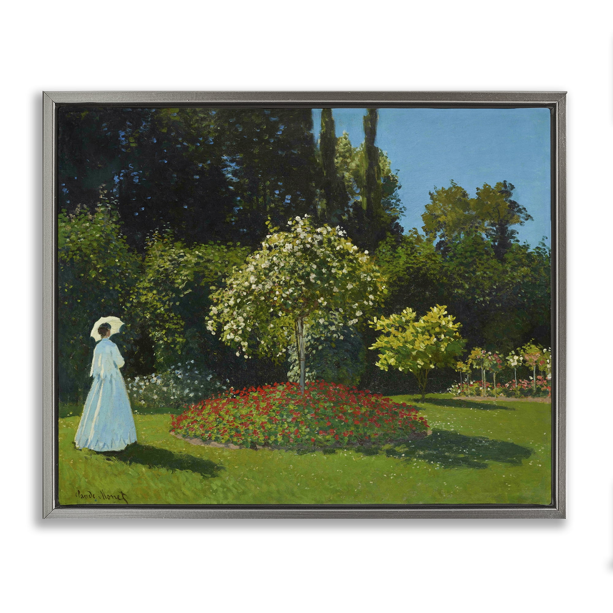 Stupell Industries Classic Monet Lady in Garden Landscape & Nature Painting Gray Floater Framed Canvas Art Print Wall Art, 21 x 17