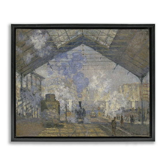 Stupell Industries Classic Monet Saint-Lazare Station Buildings & Architecture Painting Black Floater Framed Canvas Art Print Wall Art, 21 x 17