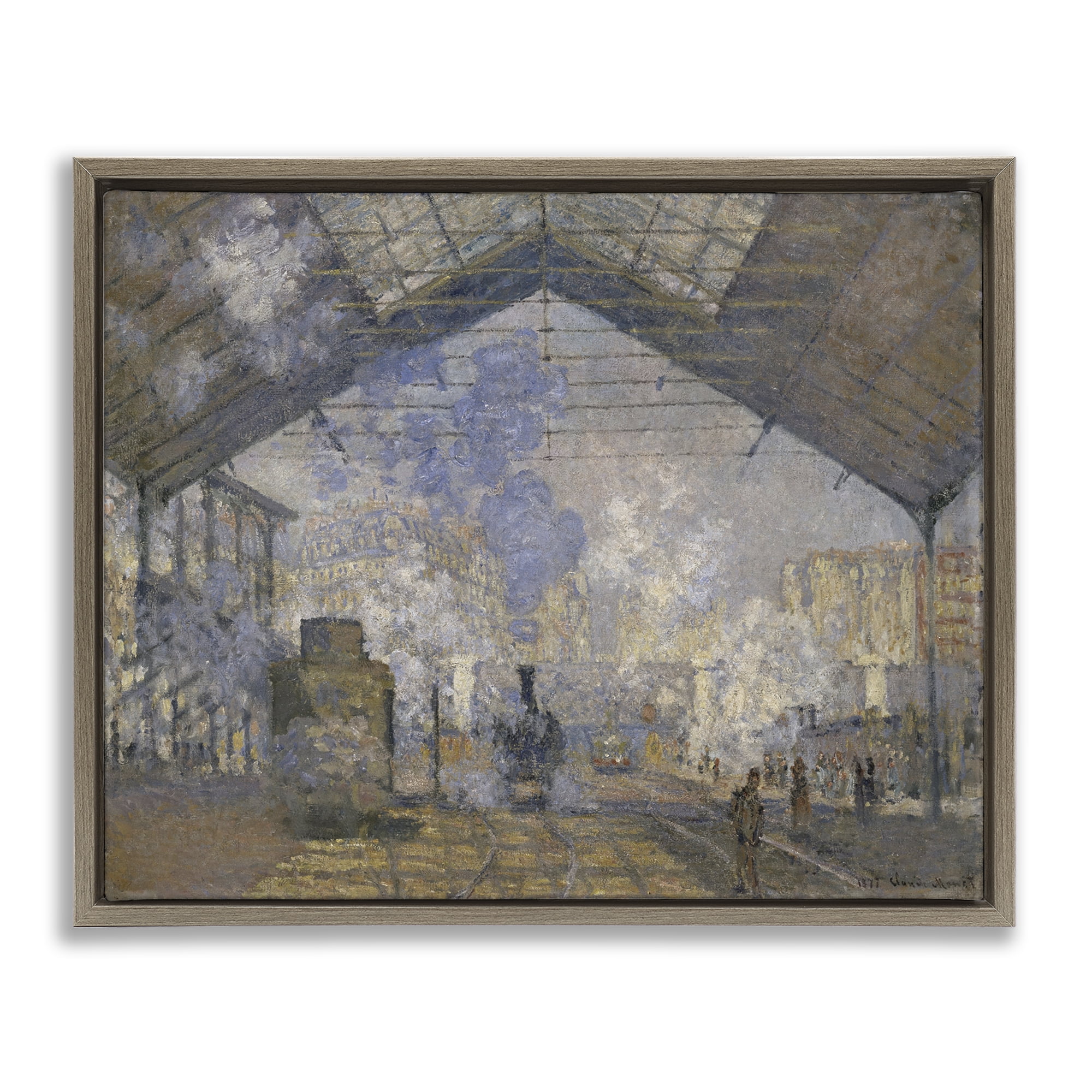 Stupell Industries Classic Monet Saint-Lazare Station Buildings & Architecture Painting Brown Floater Framed Canvas Art Print Wall Art, 21 x 17
