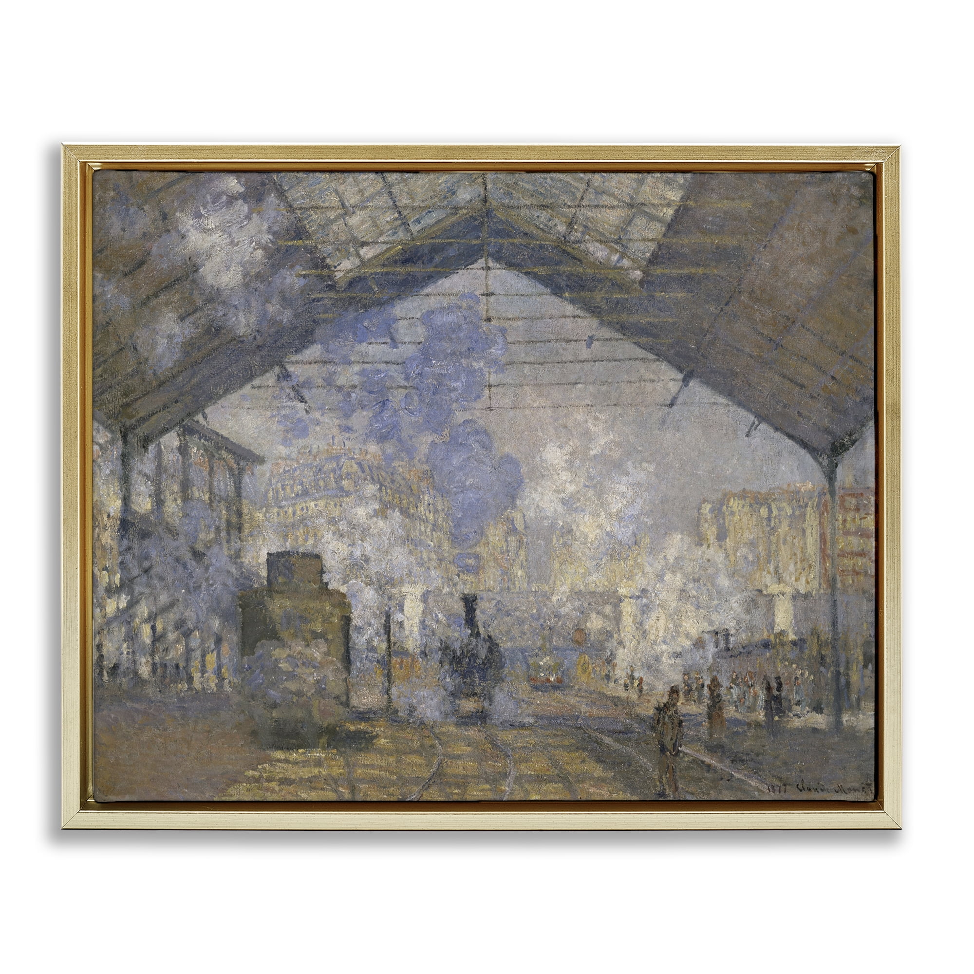 Stupell Industries Classic Monet Saint-Lazare Station Buildings & Architecture Painting Gold Floater Framed Canvas Art Print Wall Art, 31 x 25