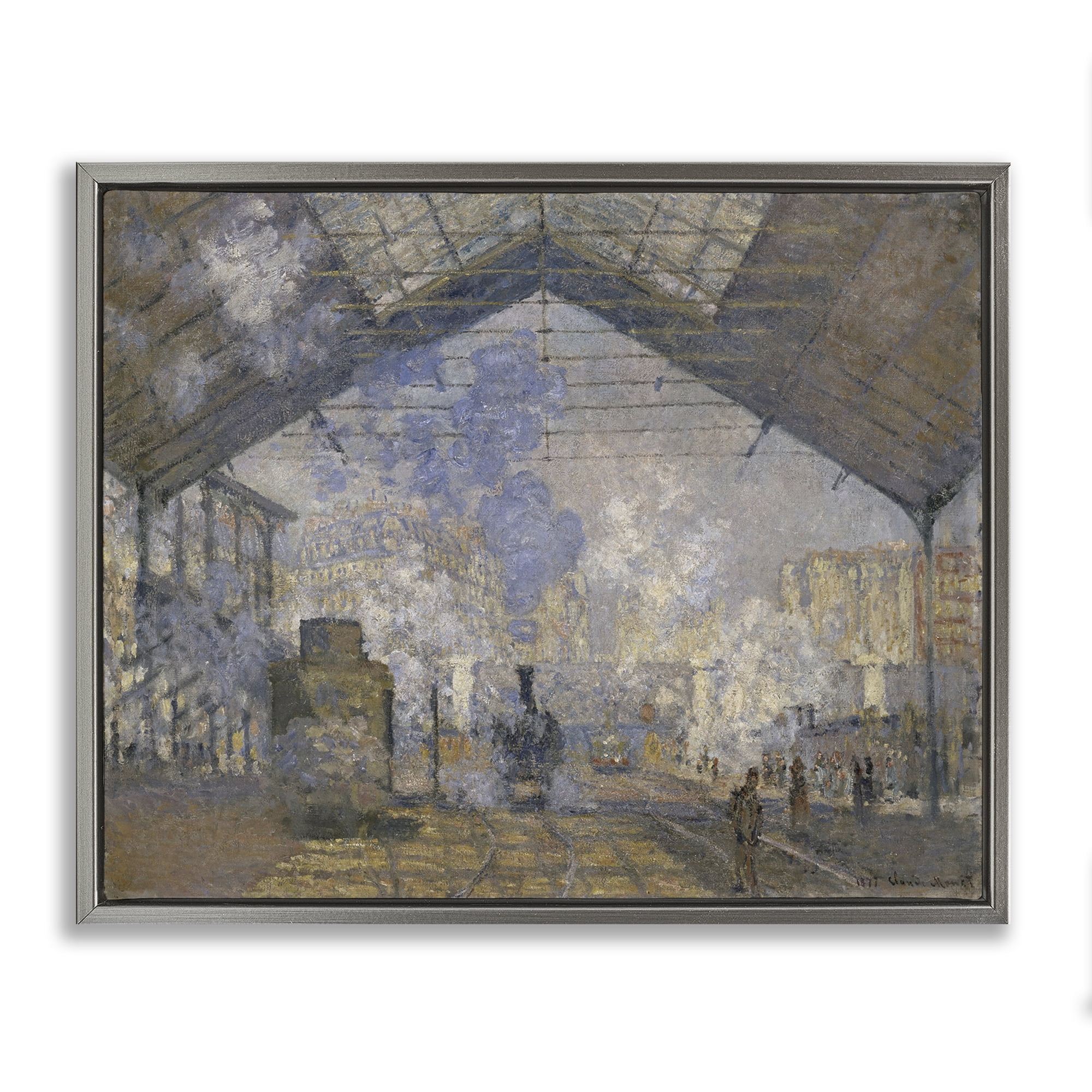 Stupell Industries Classic Monet Saint-Lazare Station Buildings & Architecture Painting Gray Floater Framed Canvas Art Print Wall Art, 31 x 25