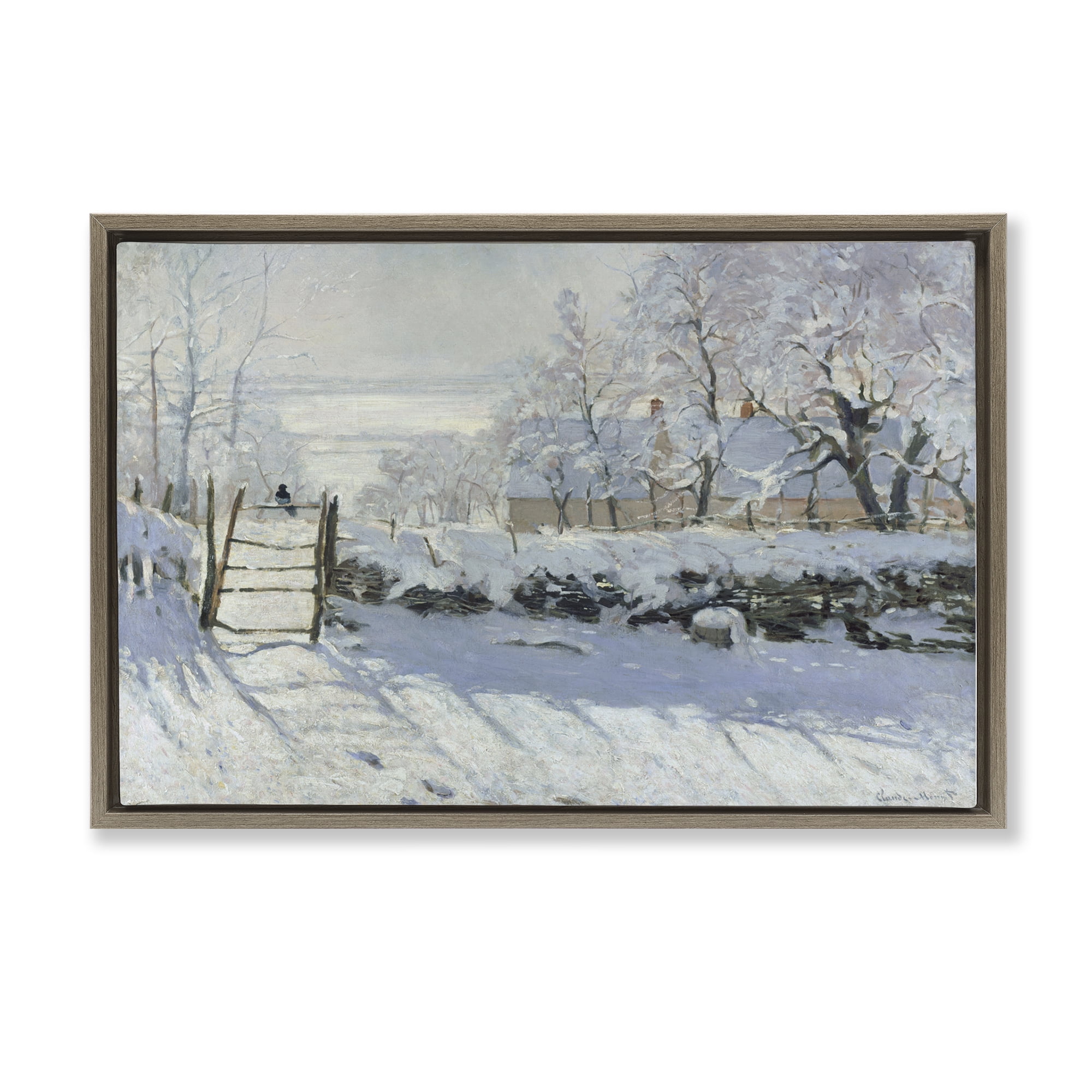Stupell Industries Classic Monet The Magpie Landscape & Nature Painting Brown Floater Framed Canvas Art Print Wall Art, 25 x 17
