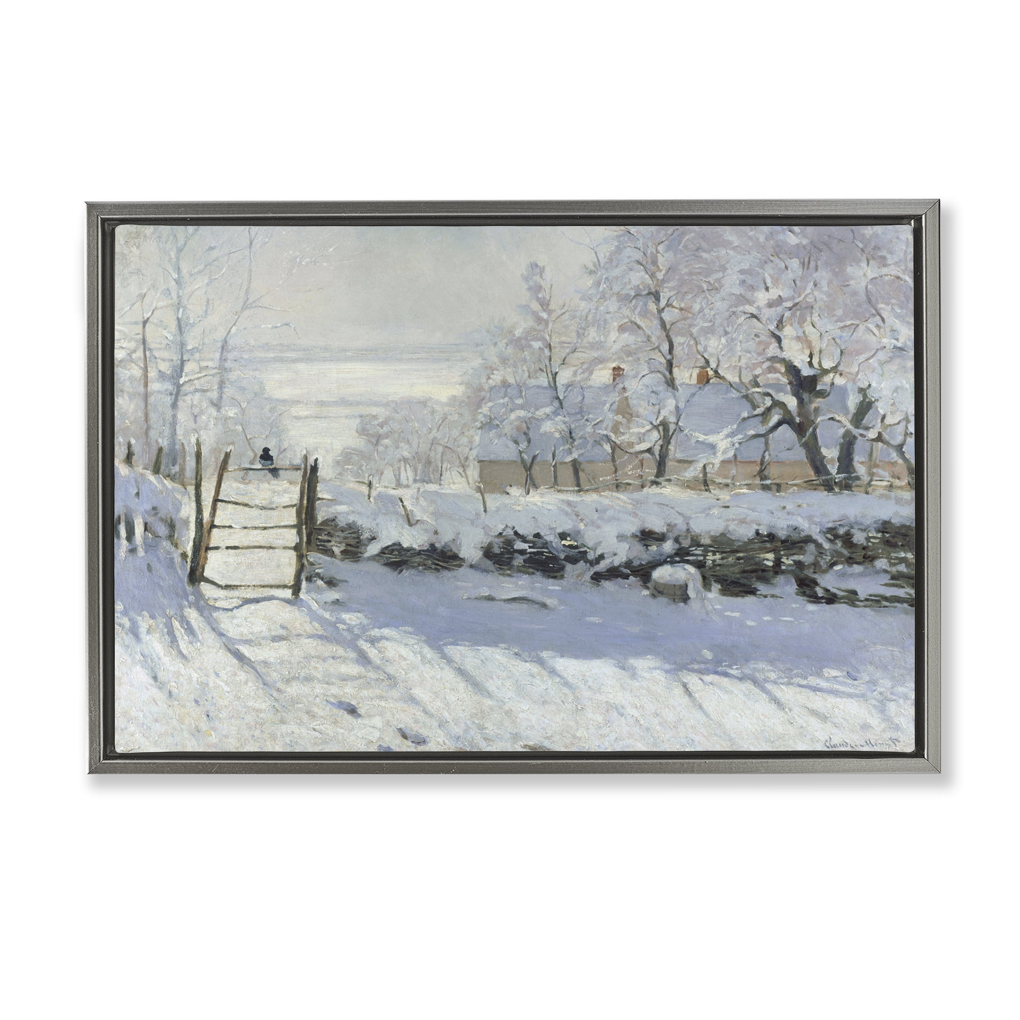 Stupell Industries Classic Monet The Magpie Landscape & Nature Painting Gray Floater Framed Canvas Art Print Wall Art, 25 x 17
