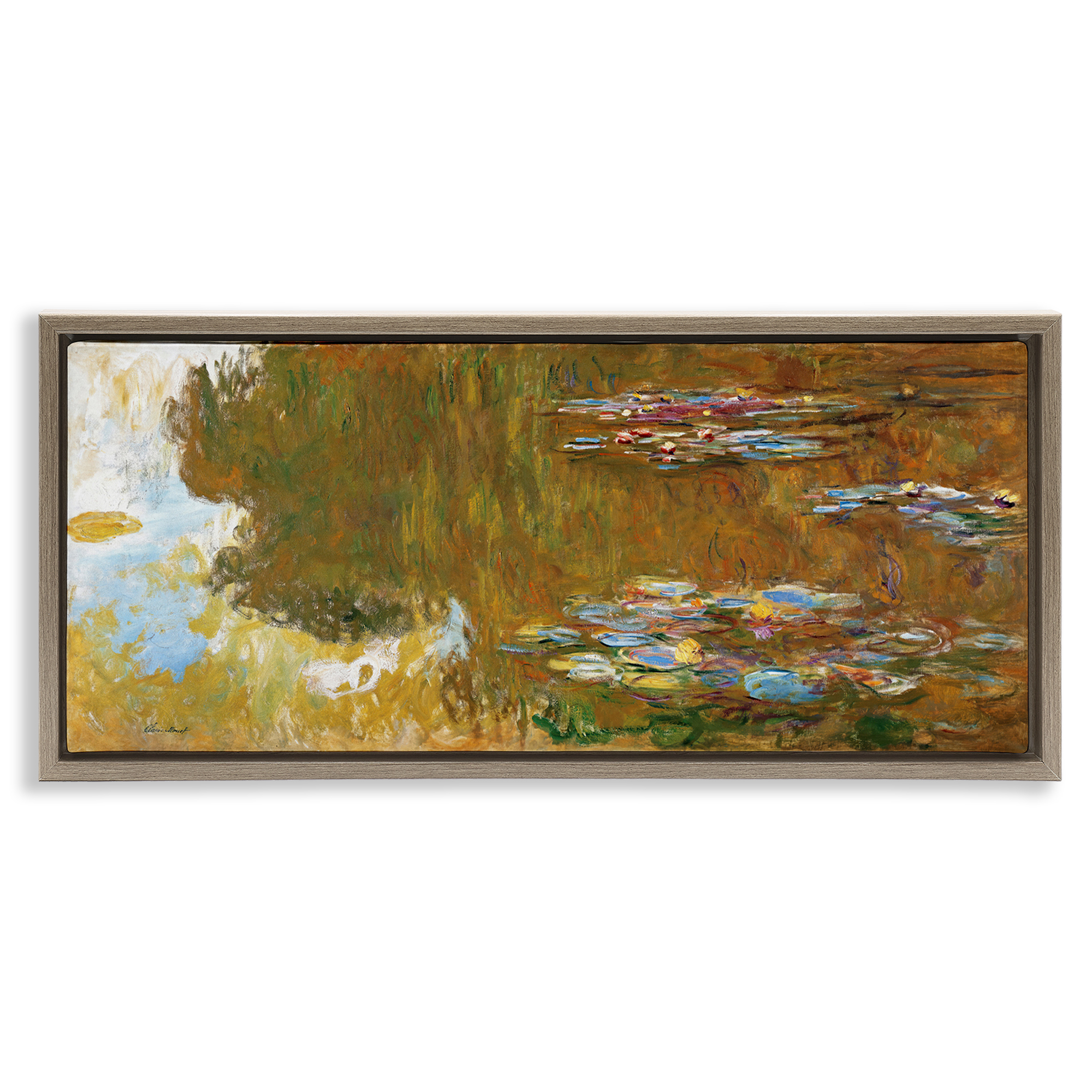 Stupell Industries Classic Monet Water Lily Pond Landscape & Nature Painting Brown Floater Framed Canvas Art Print Wall Art, 25 x 11