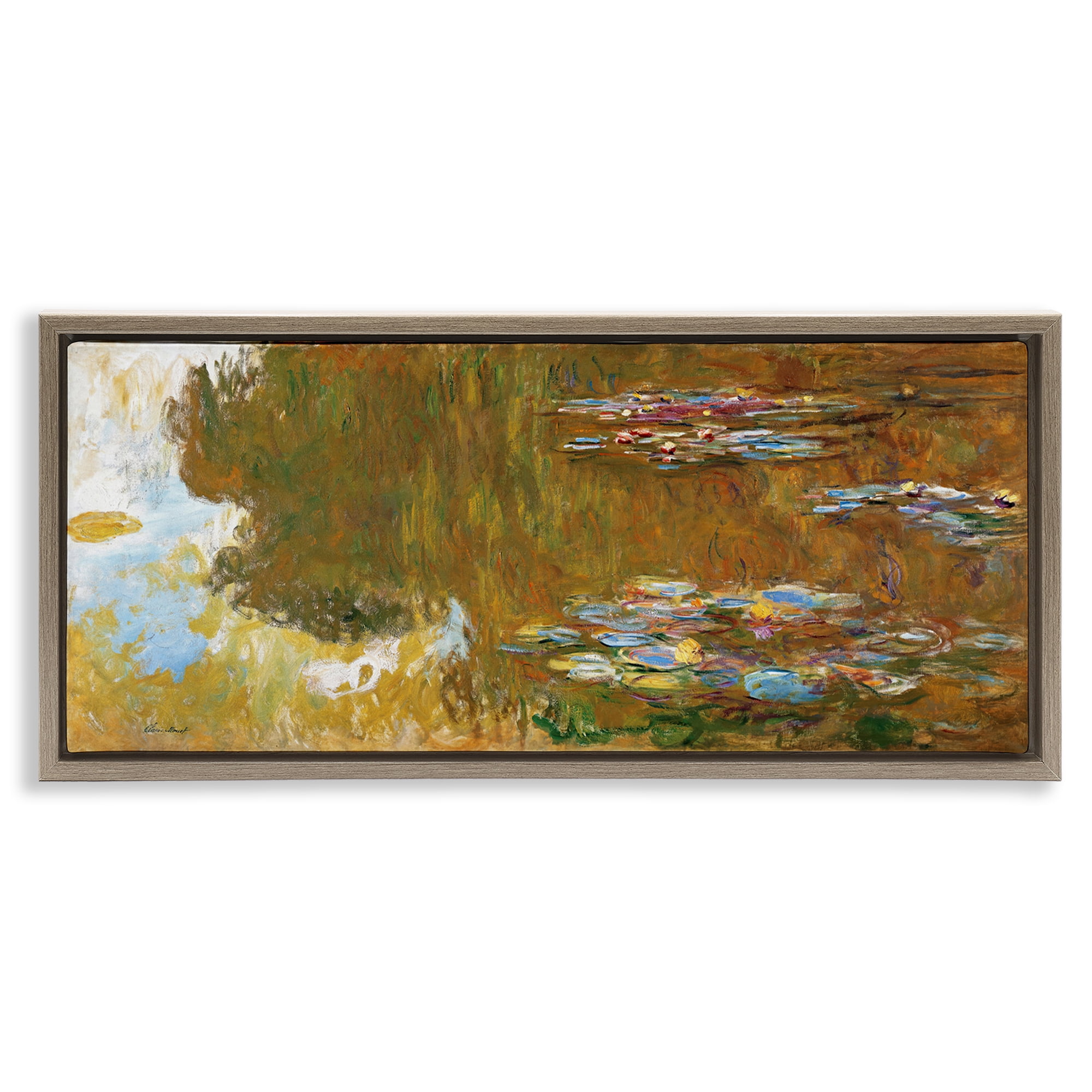 Stupell Industries Classic Monet Water Lily Pond Landscape & Nature Painting Brown Floater Framed Canvas Art Print Wall Art, 31 x 14