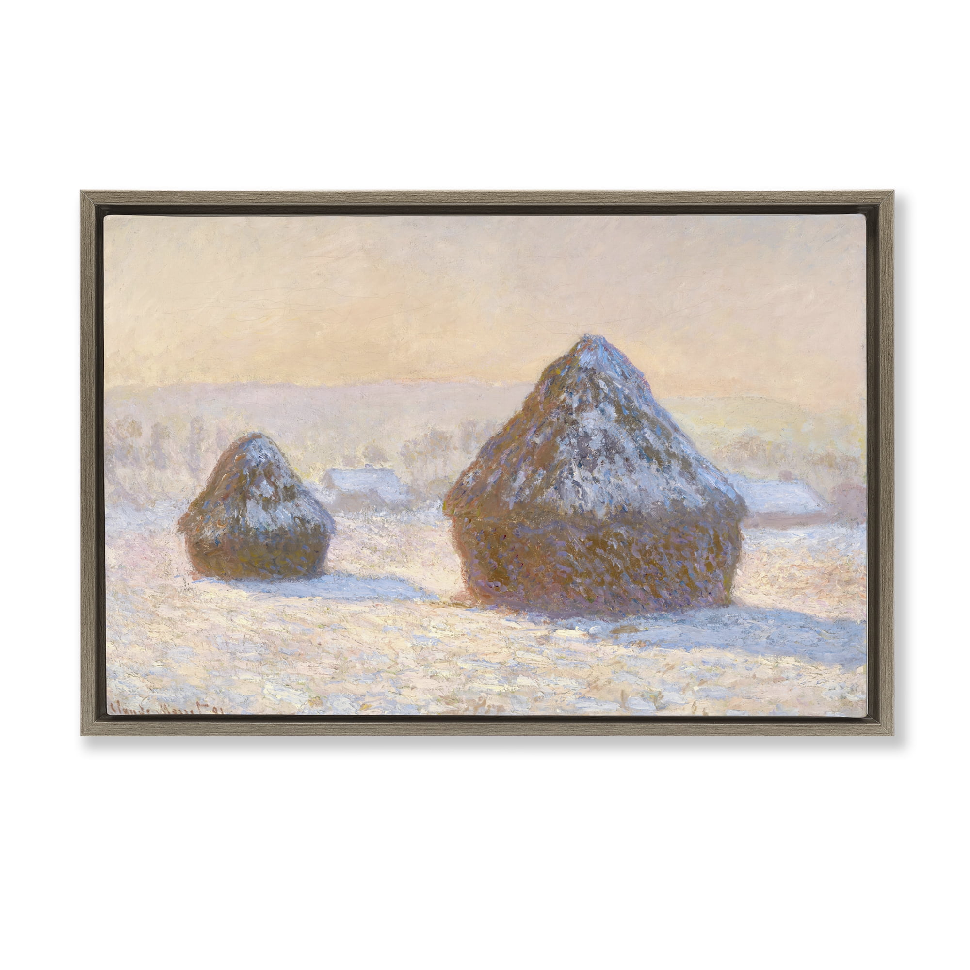 Stupell Industries Classic Monet Wheatstacks Landscape & Nature Painting Brown Floater Framed Canvas Art Print Wall Art, 31 x 21