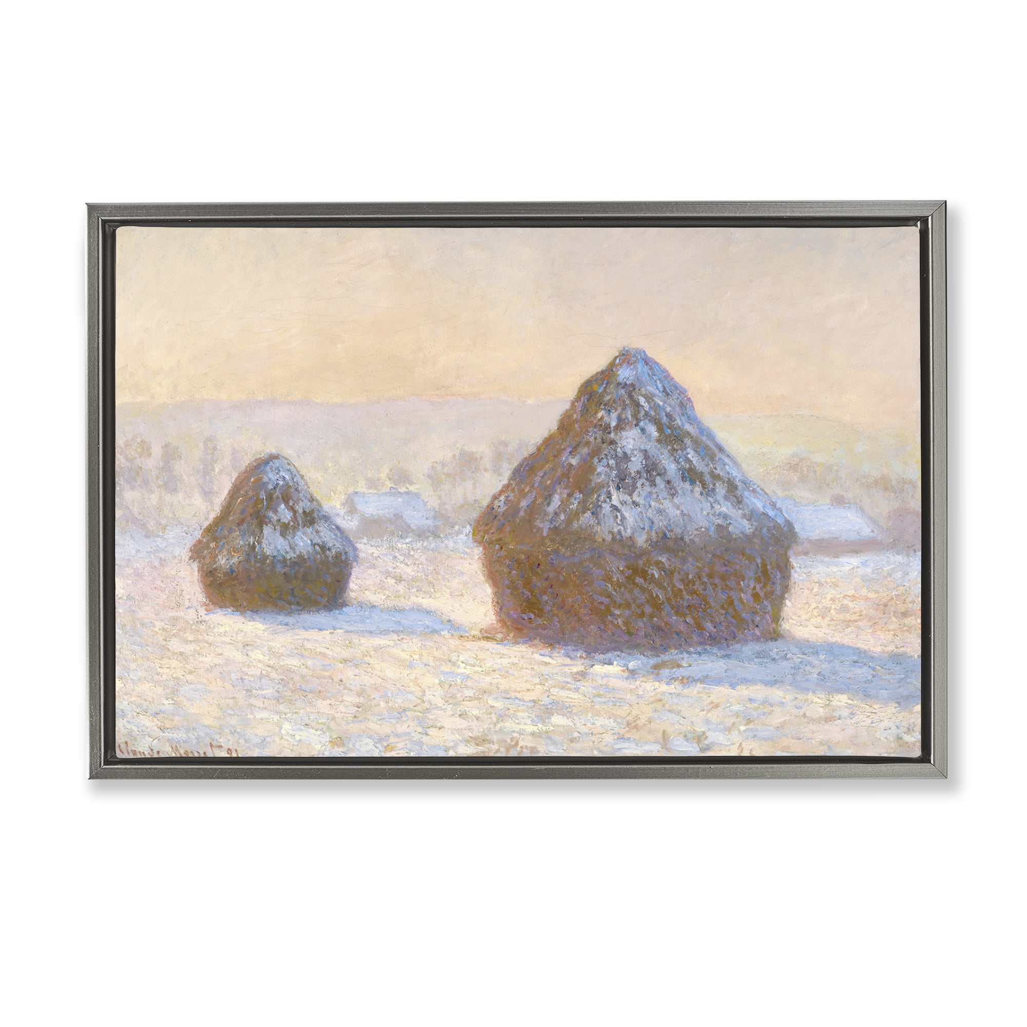 Stupell Industries Classic Monet Wheatstacks Landscape & Nature Painting Gray Floater Framed Canvas Art Print Wall Art, 25 x 17