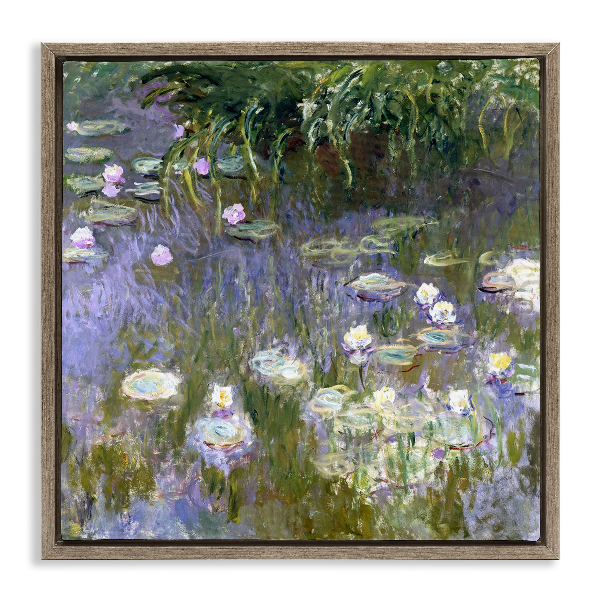 Stupell Industries Classic Monet White Water Lilies Landscape & Nature Painting Brown Floater Framed Canvas Art Print Wall Art, 18 x 18