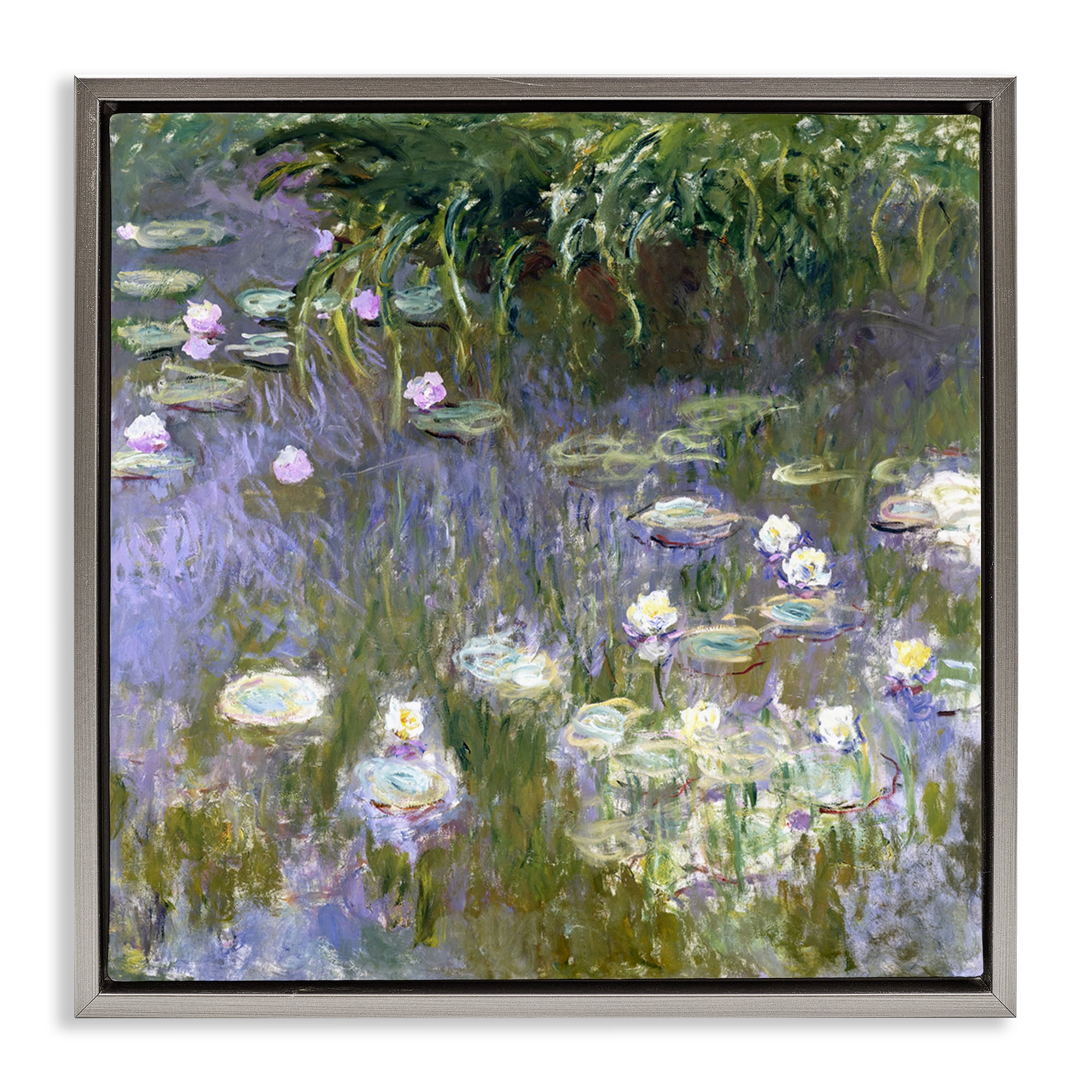 Stupell Industries Classic Monet White Water Lilies Landscape & Nature Painting Gray Floater Framed Canvas Art Print Wall Art, 25 x 25