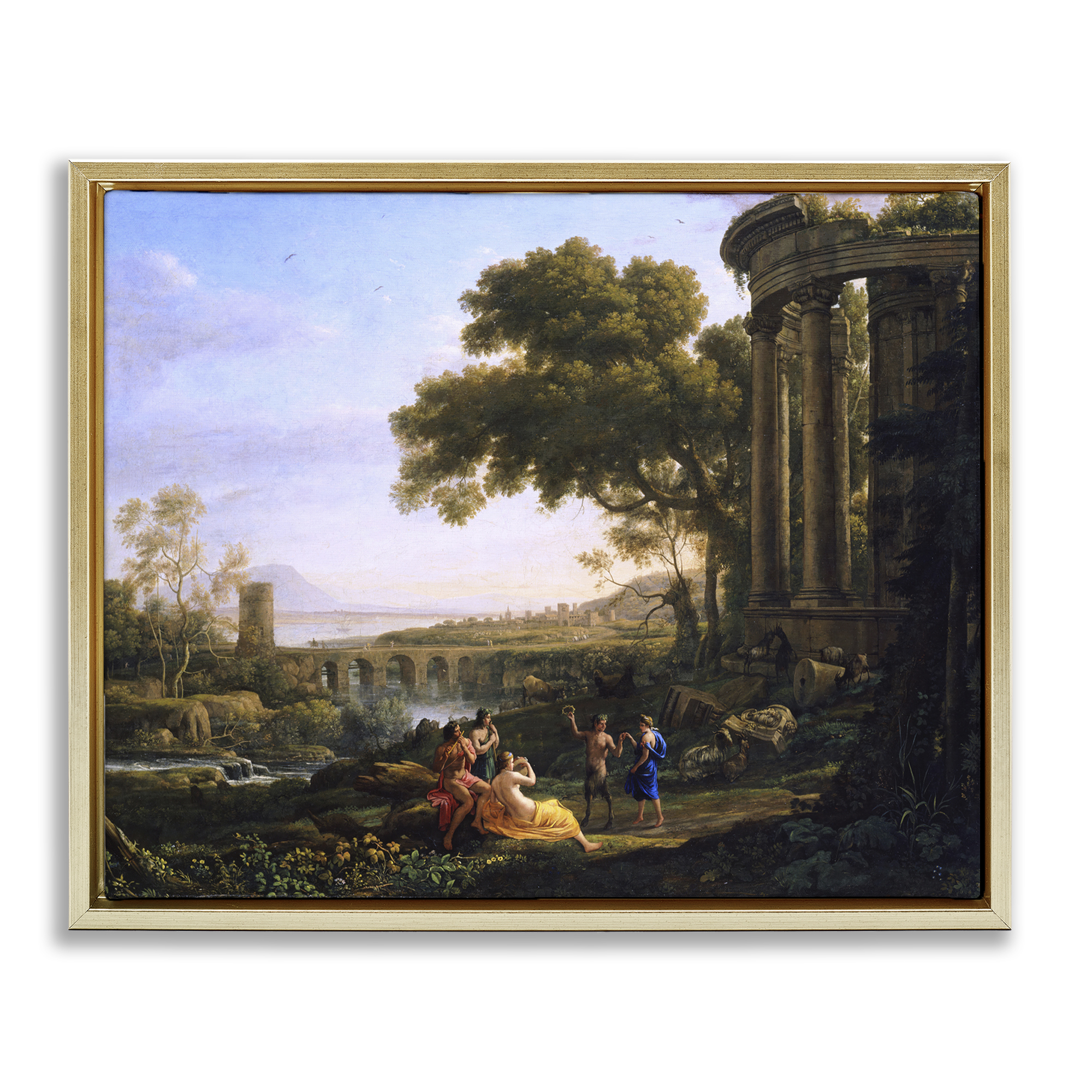 Stupell Industries Classic Nymph & Satyr Dancing Landscape & Nature Painting Gold Floater Framed Canvas Art Print Wall Art, 21 x 17